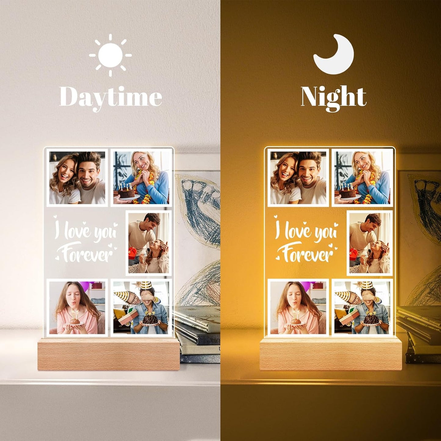 Custom Picture Frames with Photos, Customized Photo Frame with Night Light, Personalized Picture Frame, Personalized Anniversary Birthday Gifts for Women Men Him Her Girlfriend Boyfriend Couples