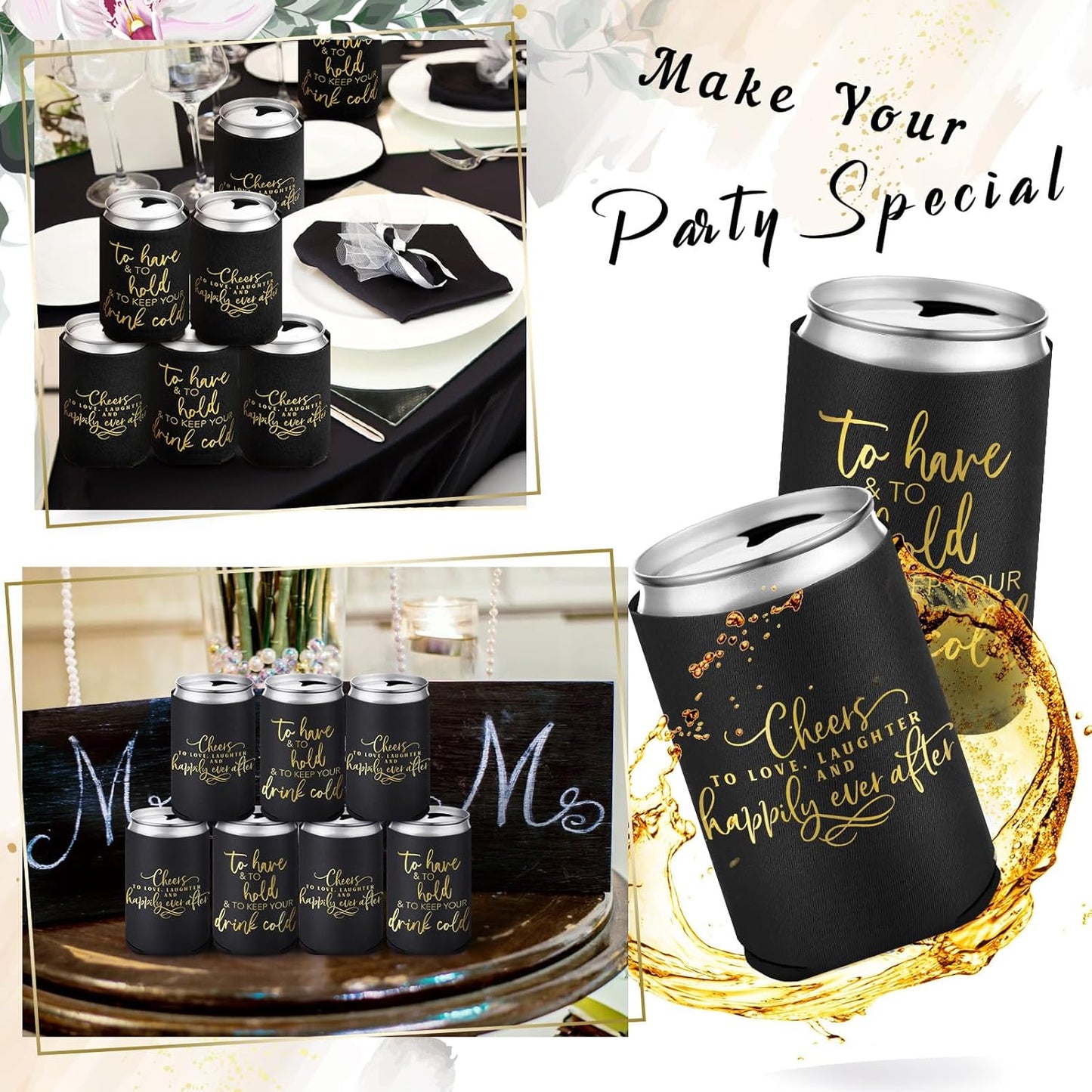 50 Pieces Black Wedding Can Cooler Sleeves Bulk Engagement Party Favors for Guests Cheers to Love Laughter Happily Ever After Rehearsal Dinner Decorations for Wedding Bridal Party