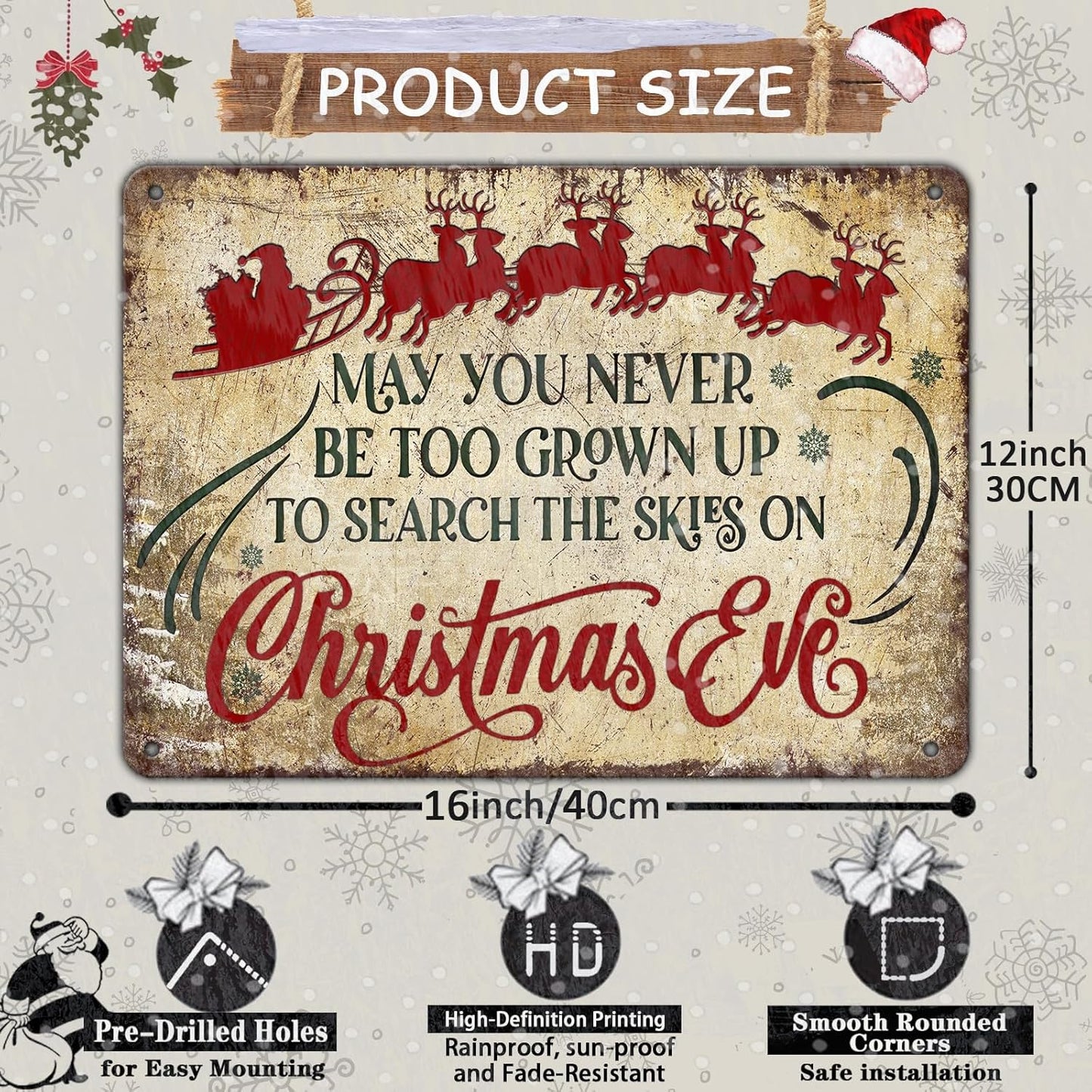 Christmas Sign Wall Art Vintage May You Never to Too Grown Up to Search The Skies Christmas Eve 12x16 Inch Rustic Metal Sign for Spacious Wall Decor and Holiday Display