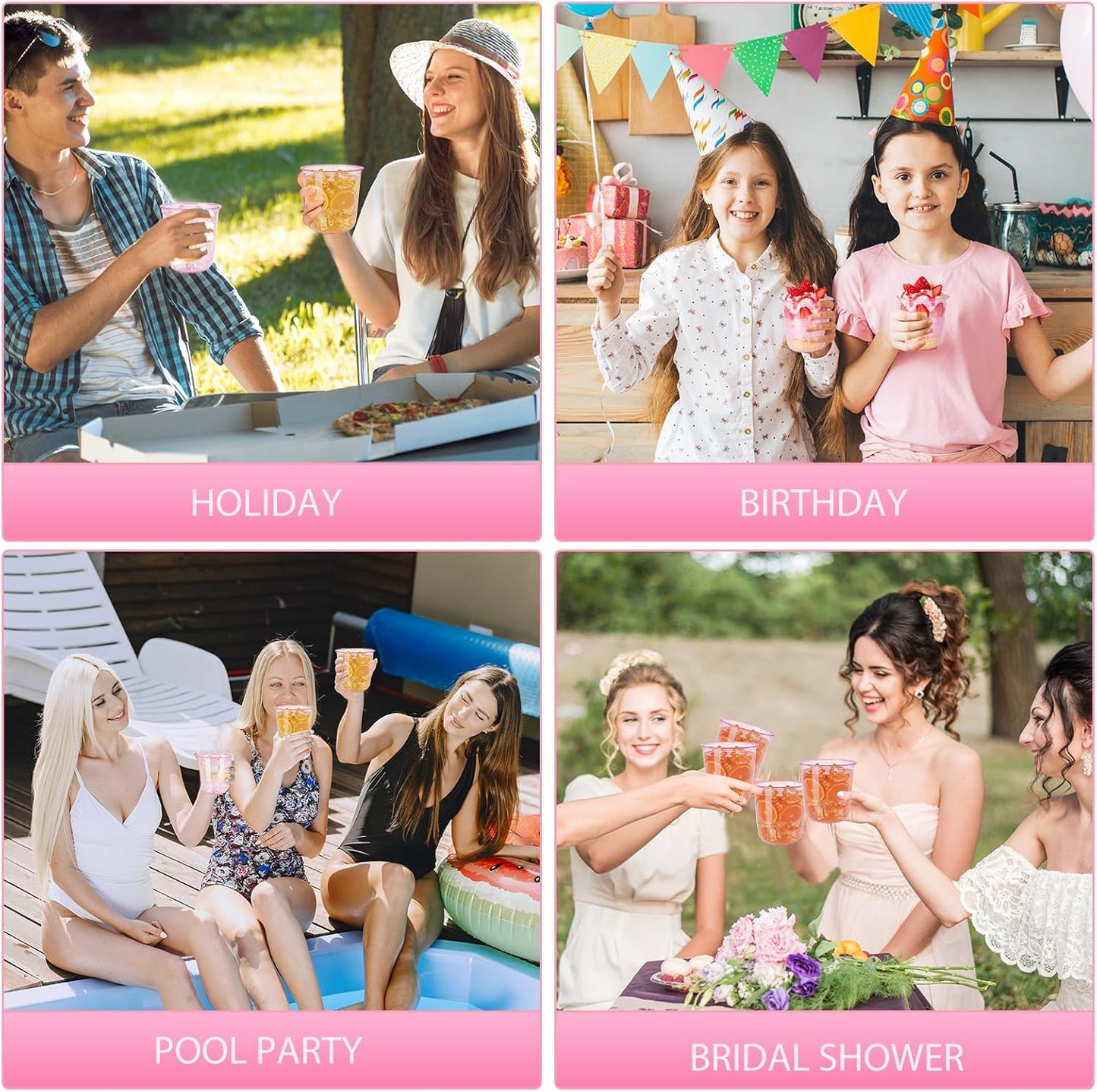 60 Pcs Disposable Stemless Clear Glasses 12 oz NATURAL Arc Crystal Plastic wine glasses Clear Classic Pet Cup for Meeting Weddings Birthdays Cocktail Christmas Party Supplies(Pink)