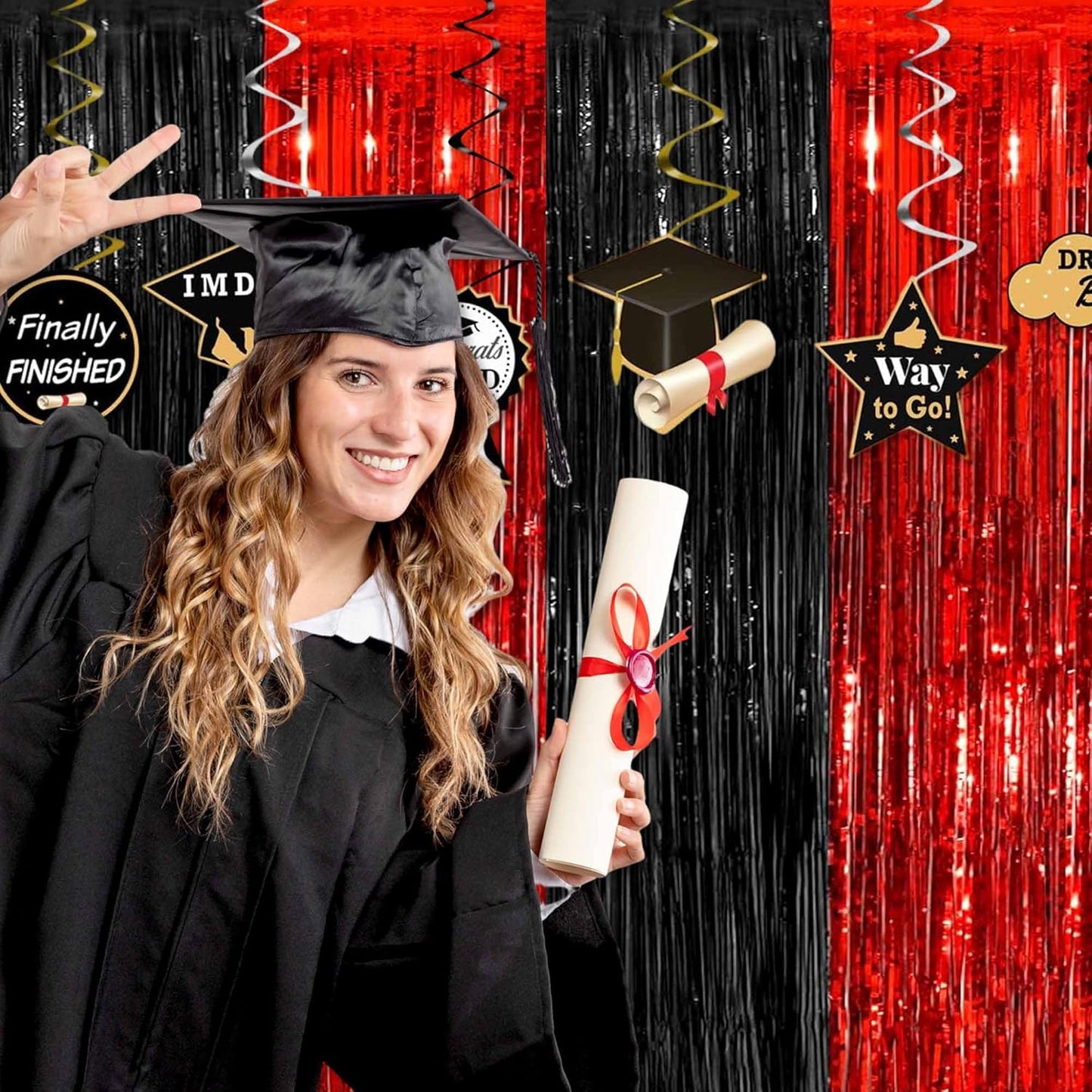 6 Pack Black and Red Foil Fringe Curtains Backdrop, 3.28 x 8.2 Ft Metallic Streamers Tinsel Curtains Background for Photo Booth, Birthday, Weddings, Carnivals, Graduation, Themed Party Decorations