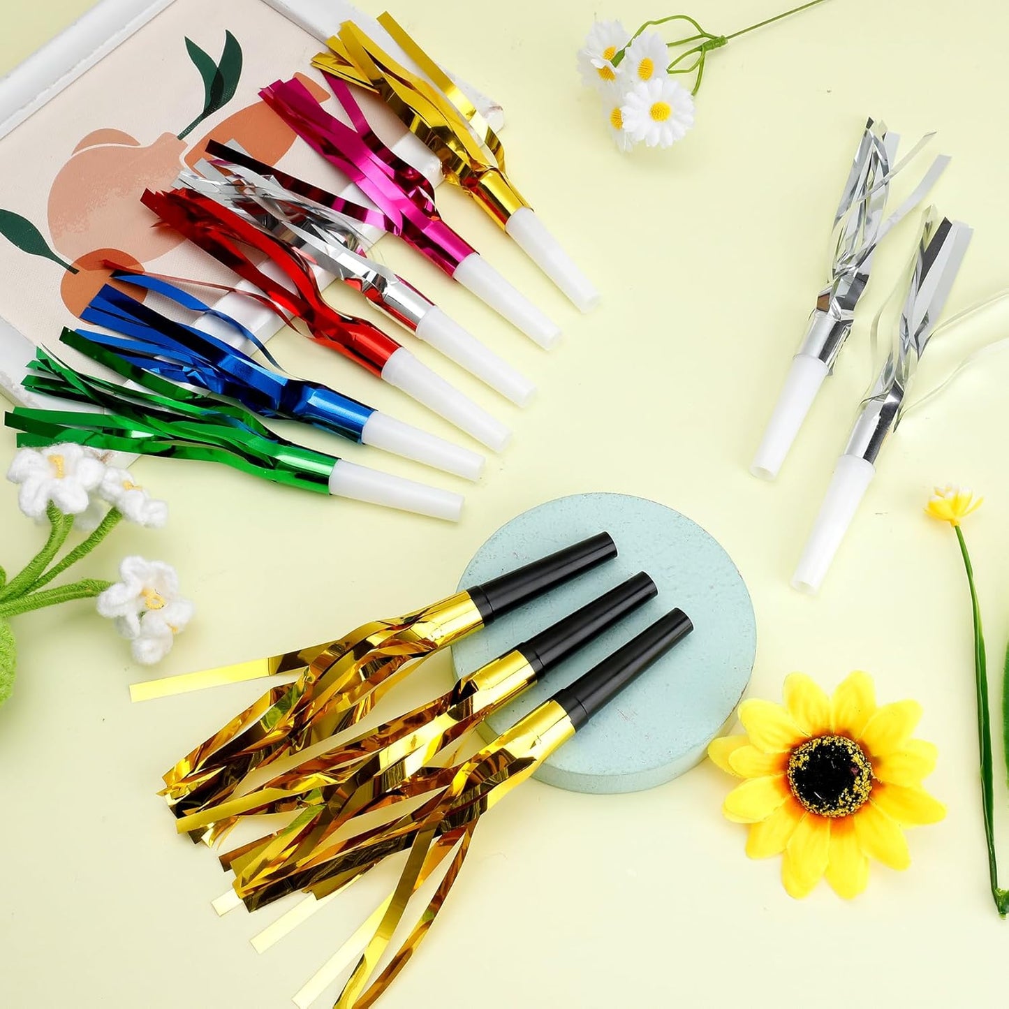 Party Blowers, 24 PCS New Years Noise Makers, Gold Silver Glitter Metallic Fringed Party Blowouts, Blow Horns Whistles for Kids Birthday Graduations Christmas Weddings Family Sporting Events Supplies