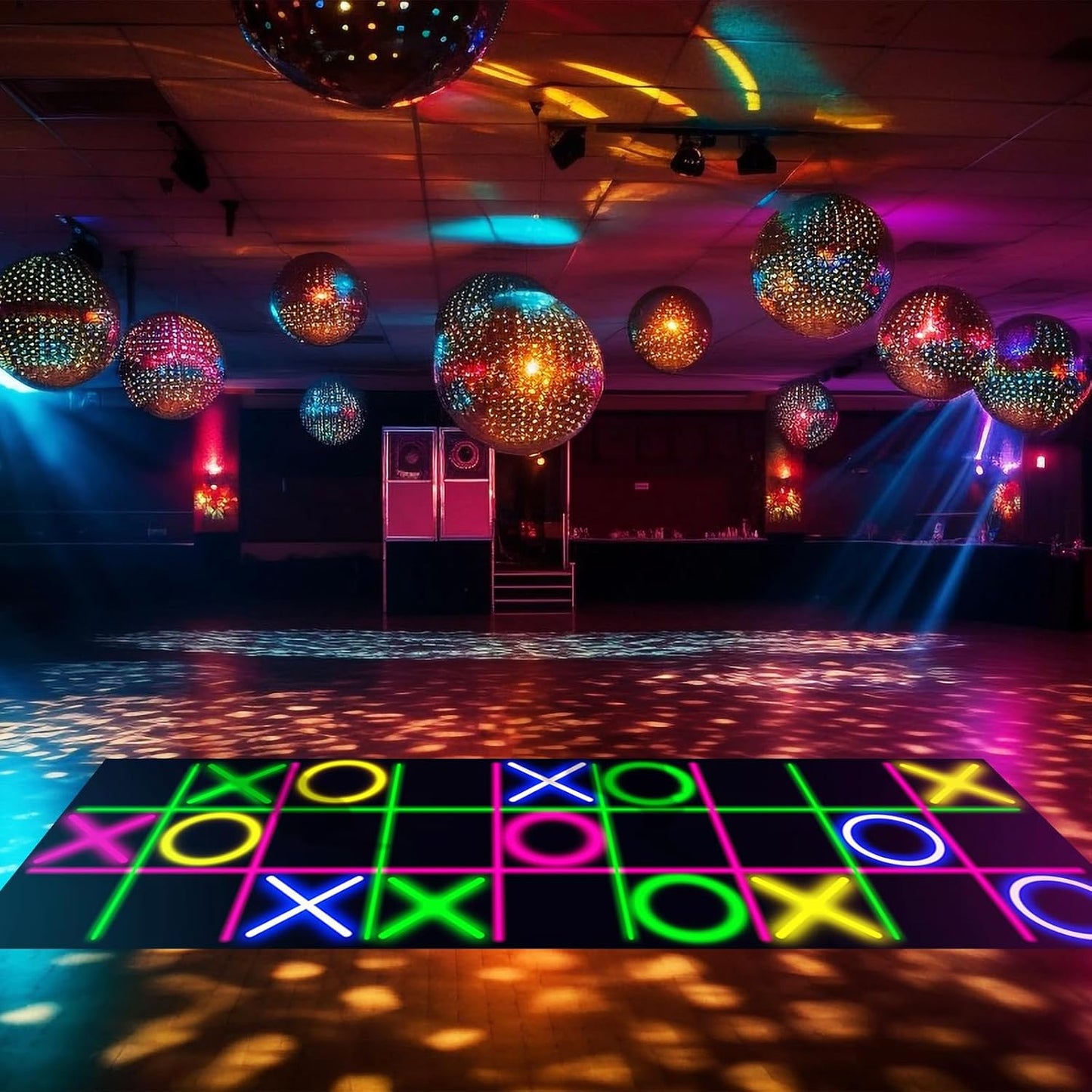 Haull 118 x 39 Inch Neon Light up Dance Floor Glow in The Dark Runner UV Reactive Blacklight Floor Aisle Runner Decor Wall Props for 80s 90s Neon Birthday Party Decorations(Tic Tac Toe)