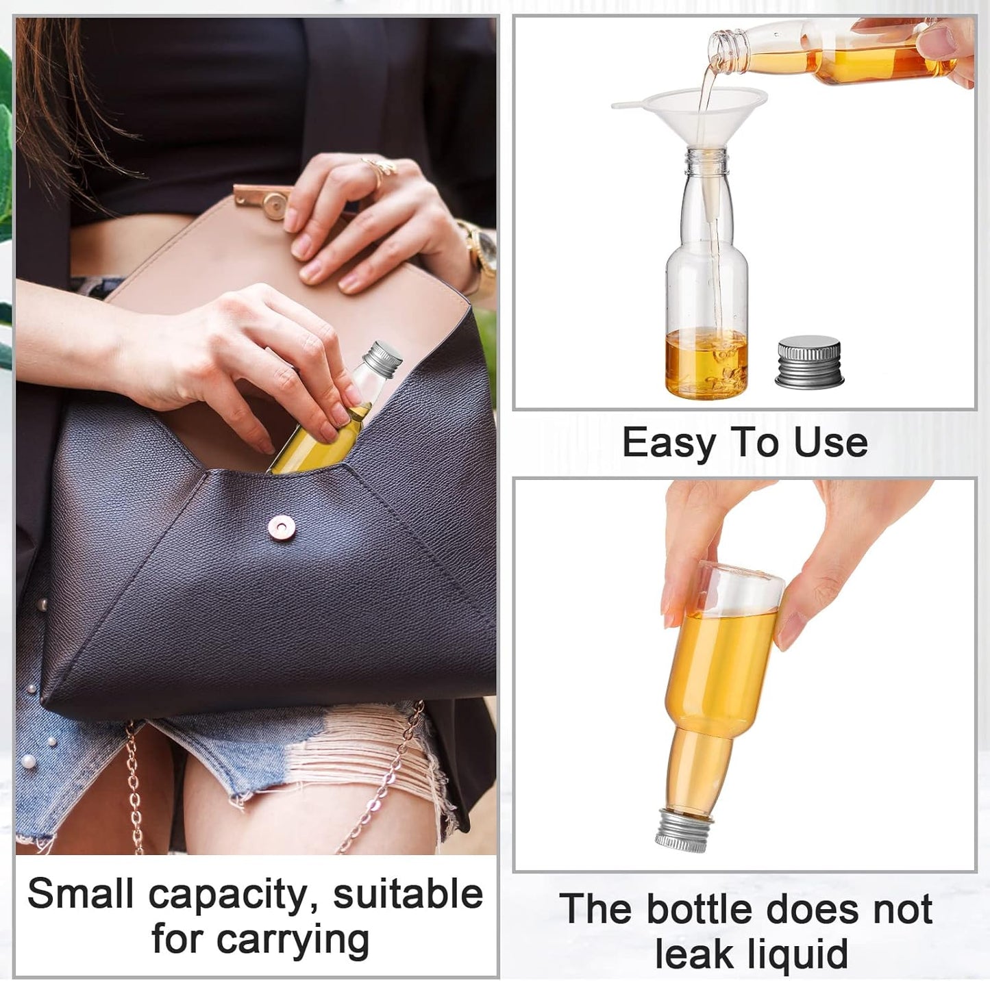 120 Pcs Mini Liquor Bottles Airtight Shot Miniature Empty Plastic Alcohol Spirit Shot Bottles with Funnels for Party Favors, Weddings(2 oz,Silver)