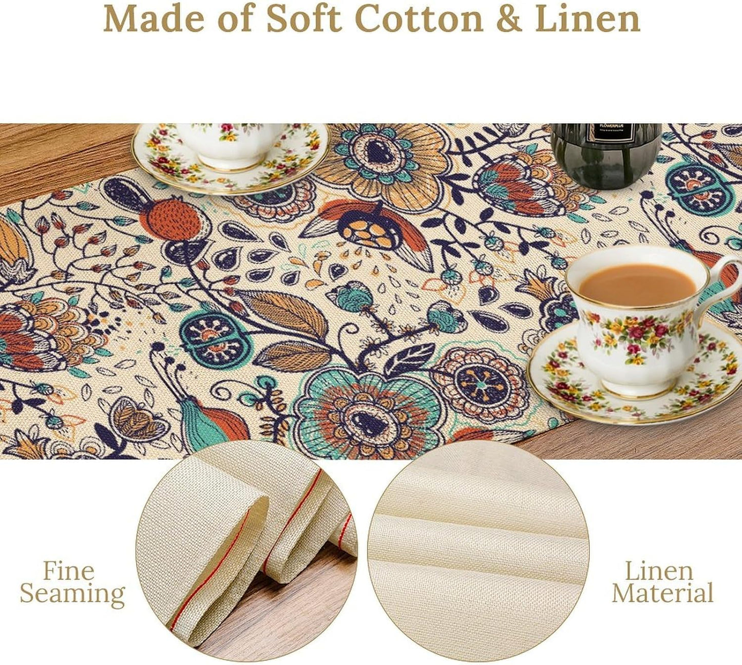 Boho Floral Table Runner,Vintage Flowers Tropical Plants Country Style Table Cloth Kitchen Dining Table Home Party Decoration 13x72 Inch