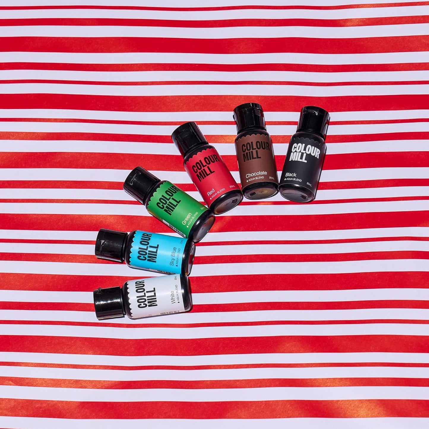 Colour Mill Aqua Blend Water-Based Food Coloring, 20 Milliliter Holiday Pack Each of 6 Colors: White, Sky Blue, Green, Black, Chocolate and Red Holiday Pack, 120.0 milliliters, 4.06 Fl Oz