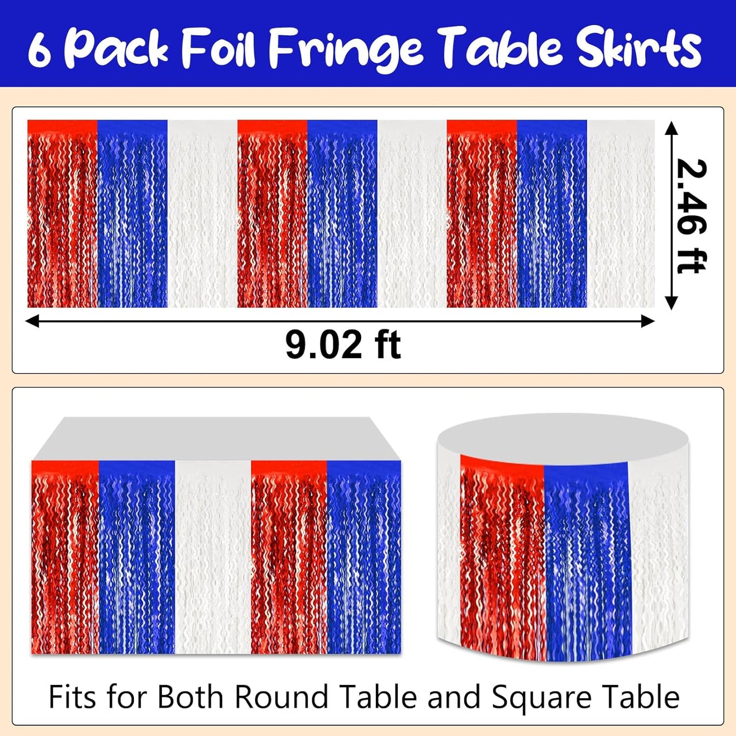 6 Pack 29 x108 Inch White Blue Red Wave Foil Fringe Table Skirts Metallic Banner for Tinsel Streamer Garland Backdrop for Parade Floats, Mother's Day, Easter, Wedding, Birthday Party Decoration