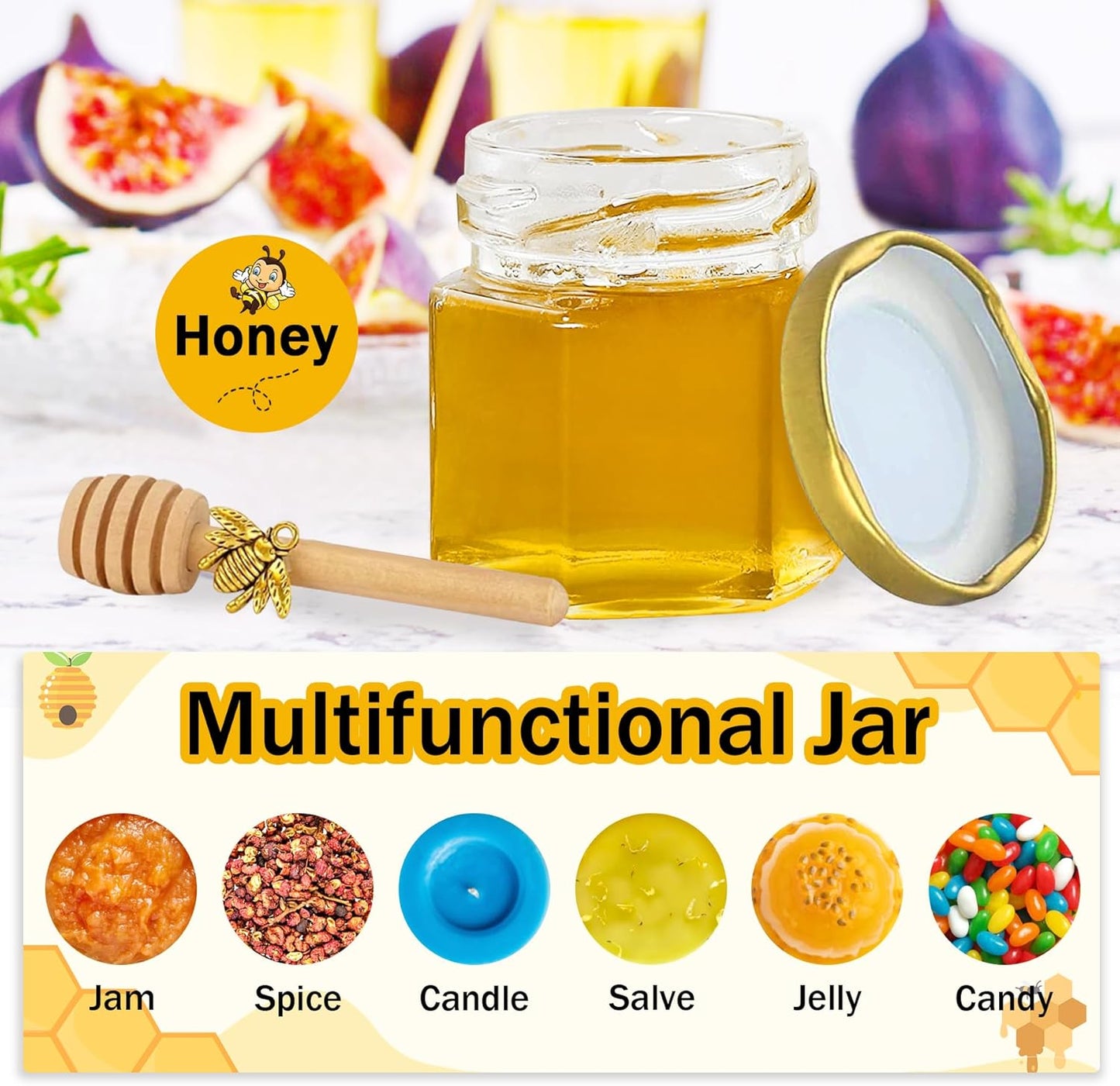 Aliggbent 48 Pack Mini Honey Jars Party Favors in Bulk, 1.5 oz Small Hexagon Glass Honey Jars with Dippers, Gold Lids, Bee Charms, Gift Bags and Jute - Great for Baby Showers, Weddings & Birthdays