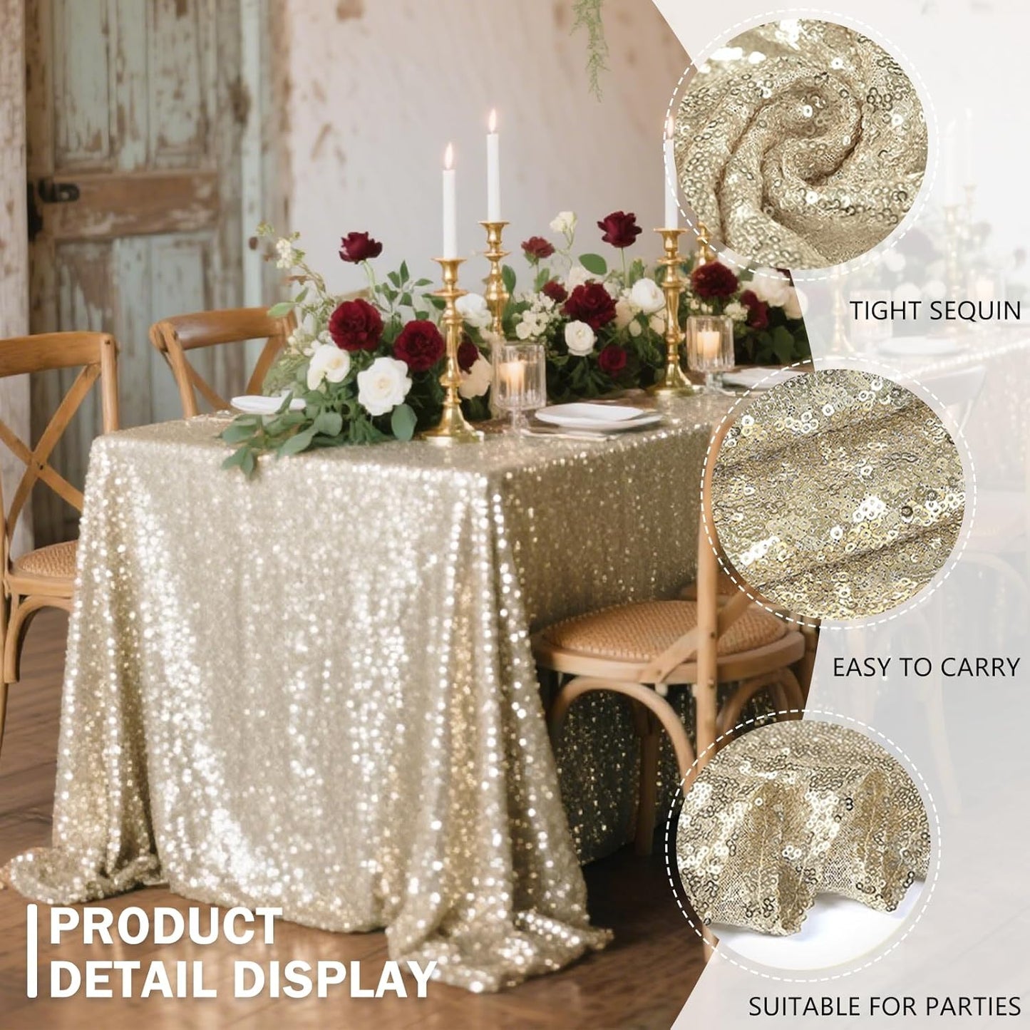 OQSQ Champagne Sequin Tablecloth 50x80 inch, Glitter Drape Table Cloth, Sparkle Sequence Table Overlays for Thanksgiving Day Wedding Birthday Party Baby Bridal Shower