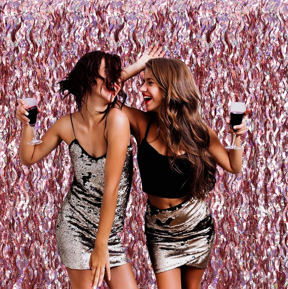 TONIFUL 3Pcs Wavy Metallic Tinsel Foil Fringe Curtains Rose Gold Streamer Backdrop for Photo Booth Props,Party Door Wall Curtain,Bachelorette,Birthday,Anniversary,Bridal Shower Decor (9.9ft x 6.6ft)