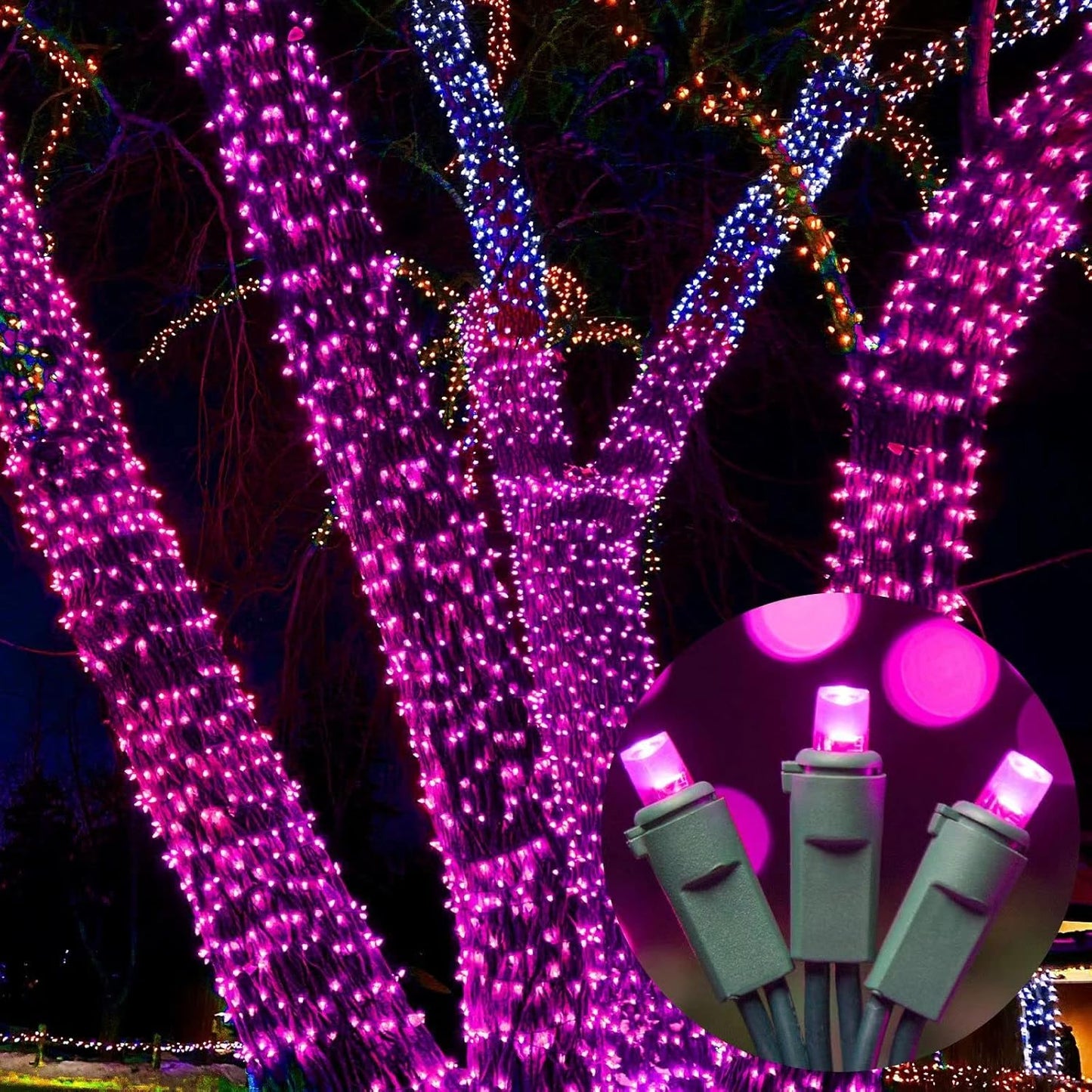 Pink Wide Angle LED String Lights, 64.8 Ft 300 Count, Pack of 3 Strands 21.9 Ft 100 Lights UL Certified Commercial Grade Green Wire 5mm Holiday String Light