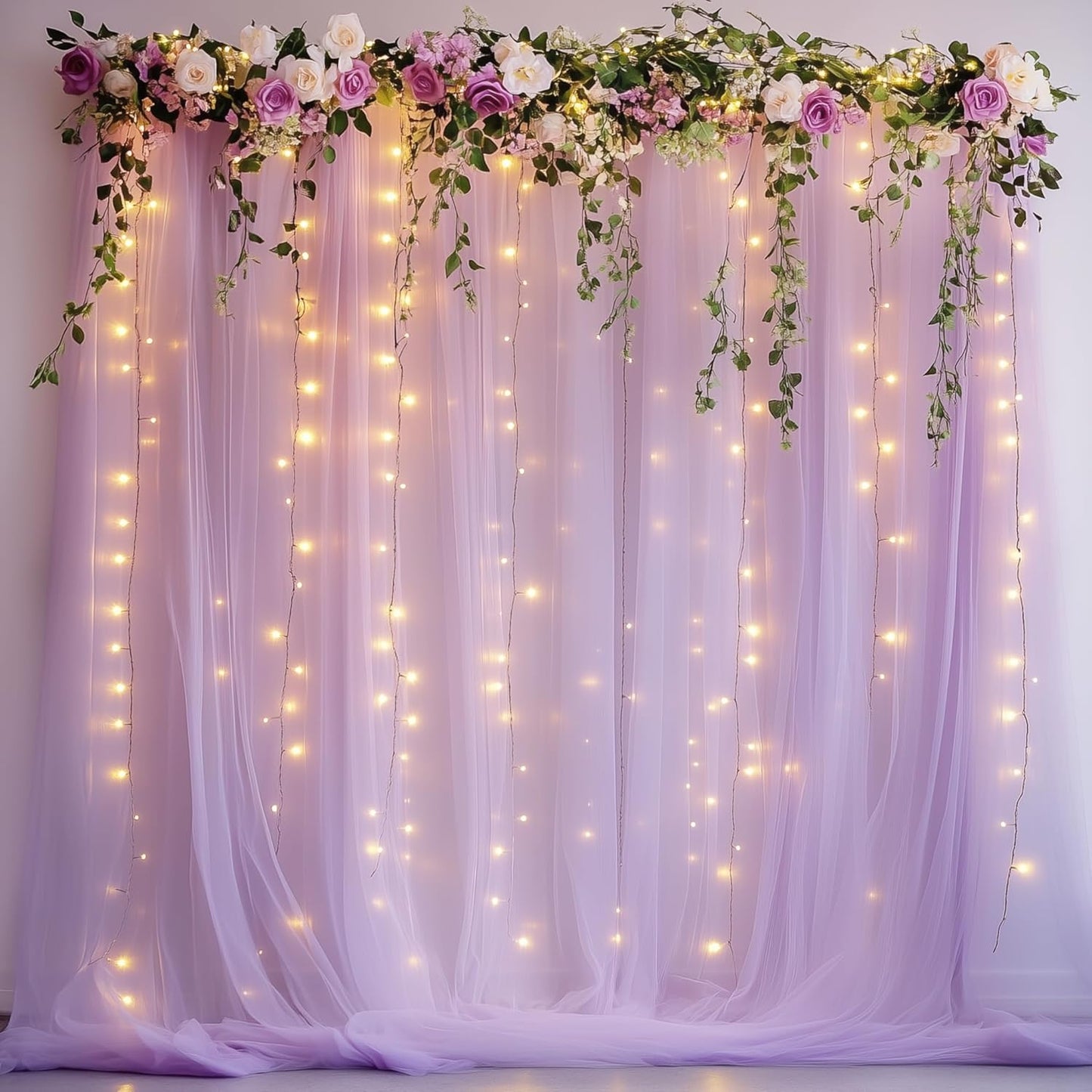 Fomcet Lavender Tulle Backdrop Curtains with Lights String 10FT X 10FT Sheer Curtain with Lights Tulle Curtains Backdrop for Wedding Birthday Party Photo Shoot (2 Panels 5x10FT)