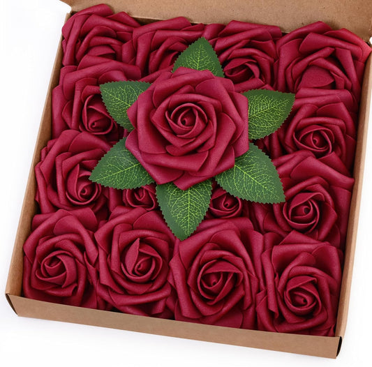 BLEUM CADE 16Pcs Artificial Flowers Fake Roses with Stems, Burgundy Boxed Foam Roses for DIY Bouquets Centerpieces Wedding Party Arrangement Bridal Shower Decor