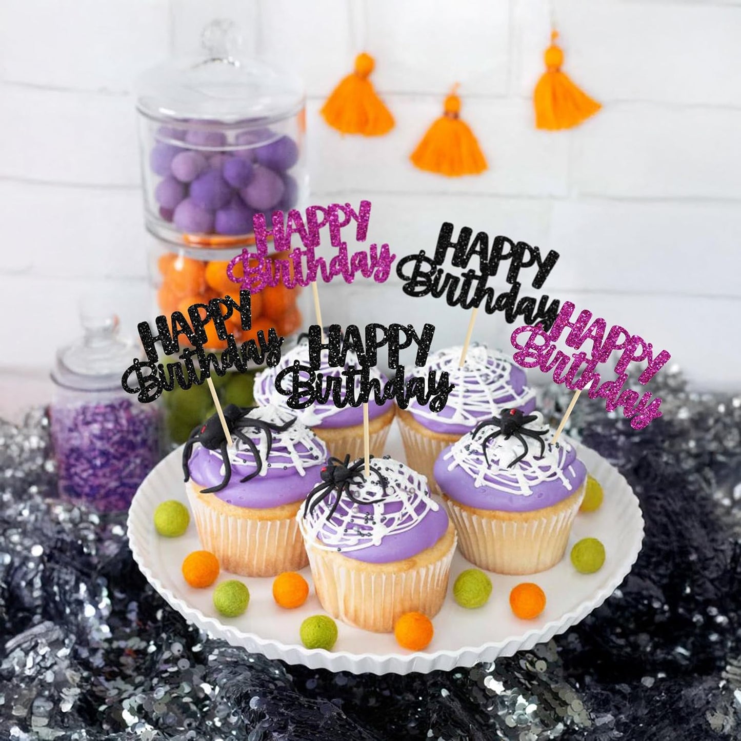 Gyufise 24Pcs Happy Birthday Cupcake Toppers Glitter Birthday Cake Topper Decorations for Celebrating Halloween Theme Party Decorations Supplies Black Purple