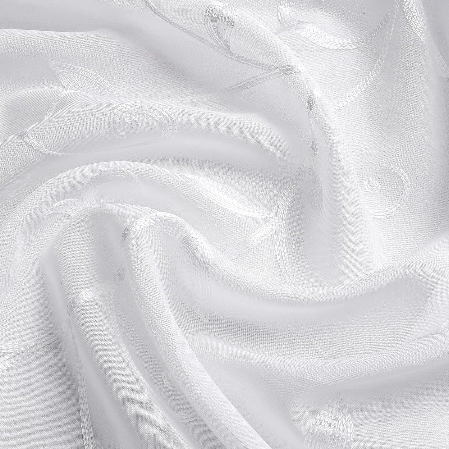 VISIONTEX White Leaves Sheer Voile Curtains, Decorative Embroidery Rod Pocket Window Drapes for Home Living Room and Bedroom 54 x 84 Inch, Set of 2 Curtain Panels