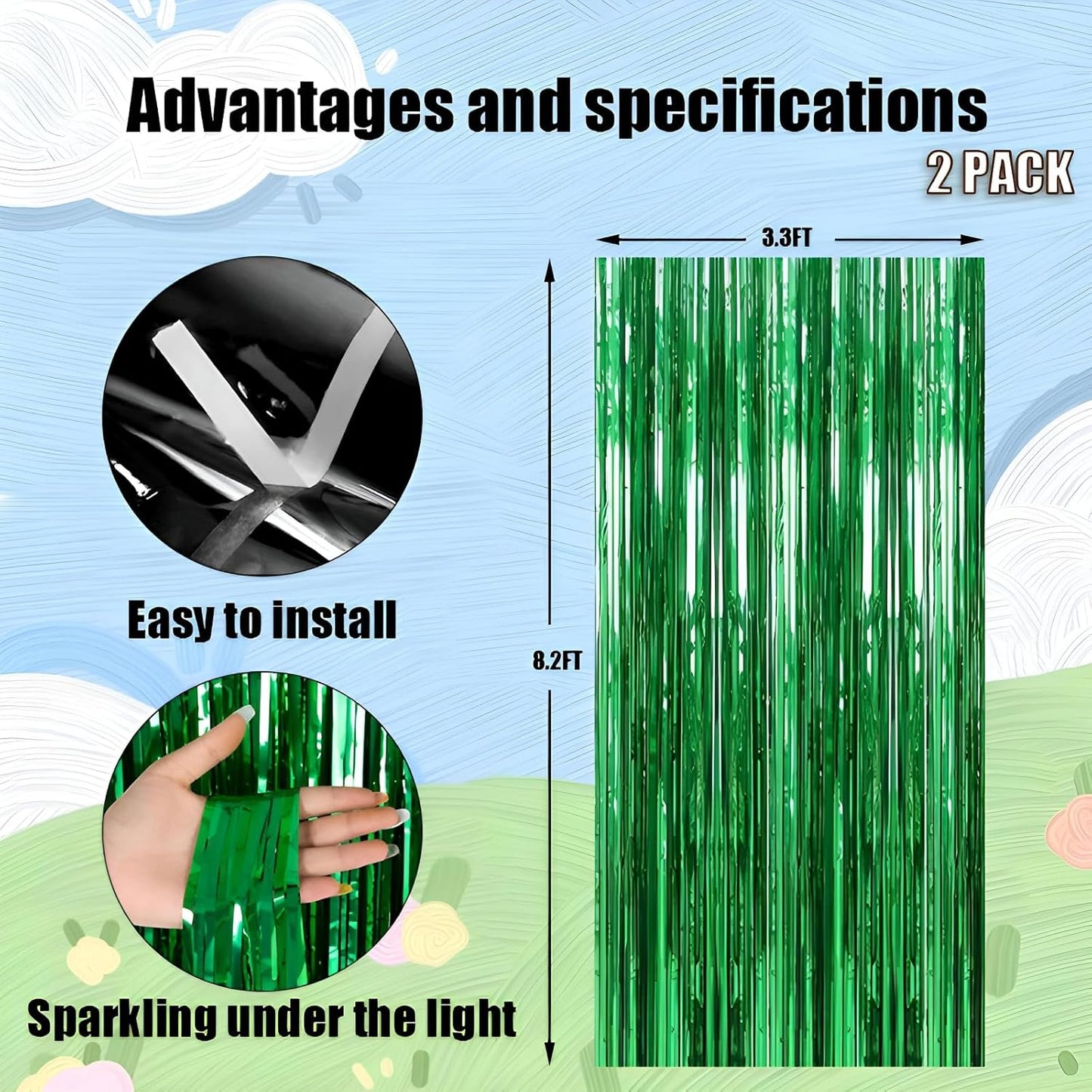 Keyali 2 Pack 3.3 * 8.3 ft Foil Curtain Metallic Tinsel Fringe Curtains Photo Booth Props Backdrop for Birthday Wedding Engagement Baby Shower Christmas Holiday Celebration Partyl,Green