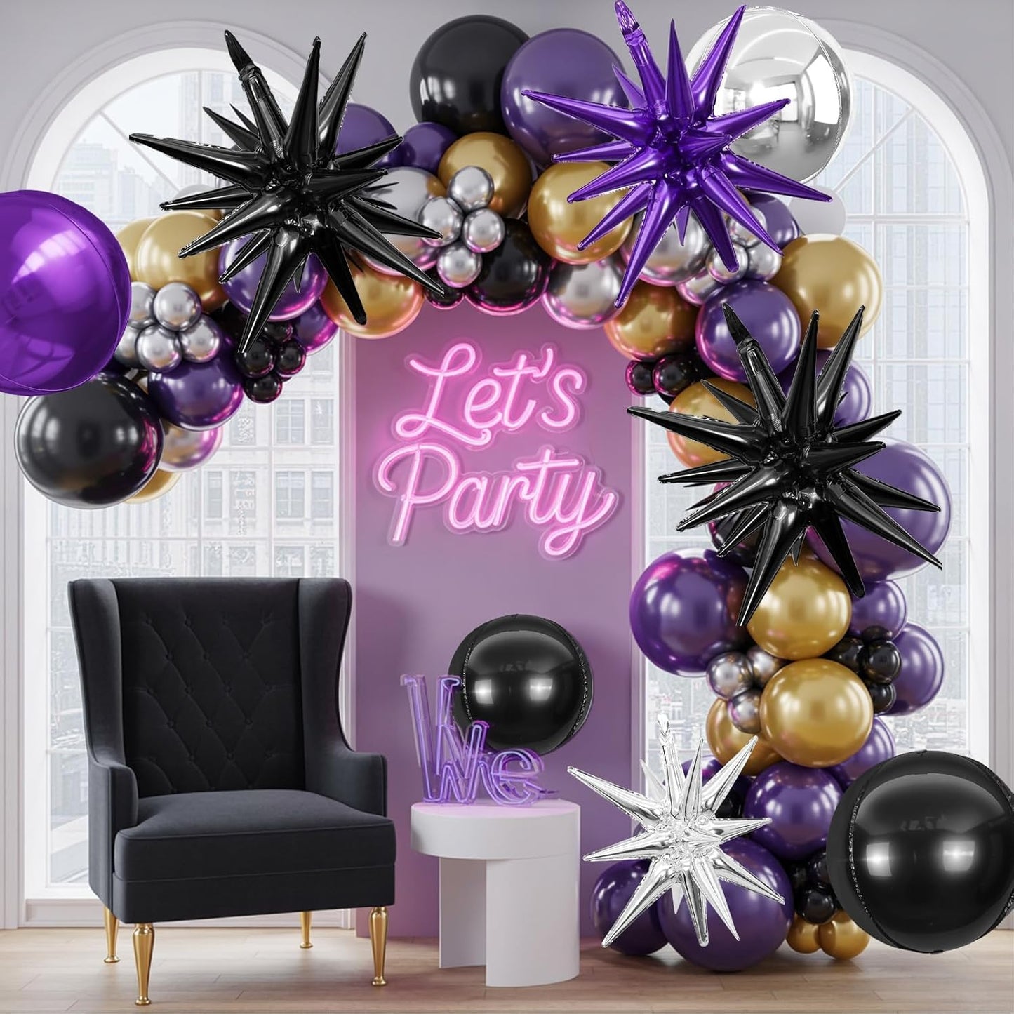 6Pcs Black Purple Silver Foil Balloons,22Inch Purple Black Silver 4D Round Ball Balloon and Explosion Star Balloon for Birthday Halloween Wedding Baby Shower Anniversary Party Decorations