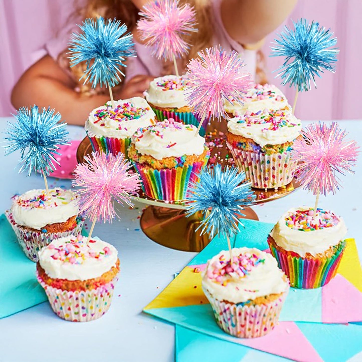 Ephlyn 30Pcs Foil Firework Cupcake Toppers Sparkle Tinsel Cupcake Picks Happy Birthday Cake Decorations Drink Stirrers Cocktail Food Toothpicks for Baby Shower Graduation Party Supplies Blue Pink