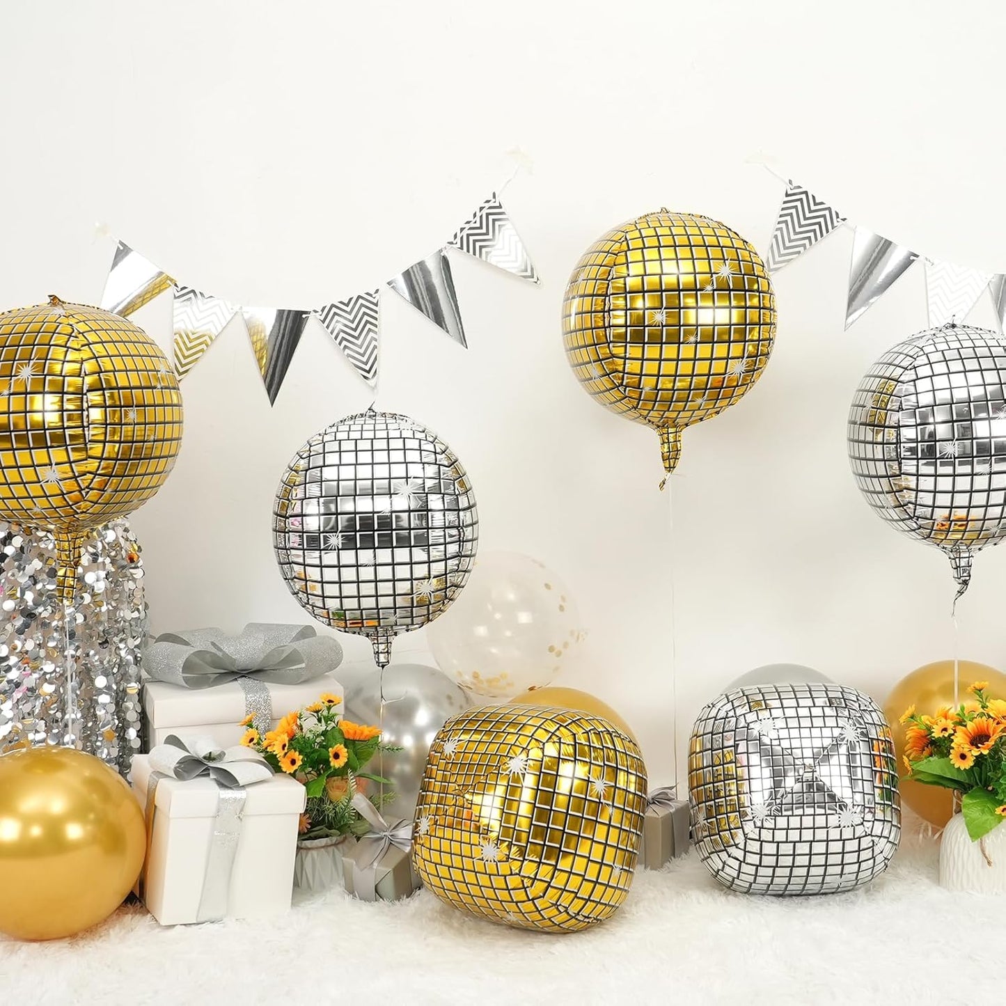 Disco Ball Balloons Gold Silver 4PC,Foil Disco Balloons 22 Inch 4D Round Metallic Gold Silver Balloon for 70s 80s Birthday Bachelorette Graduation Decorations
