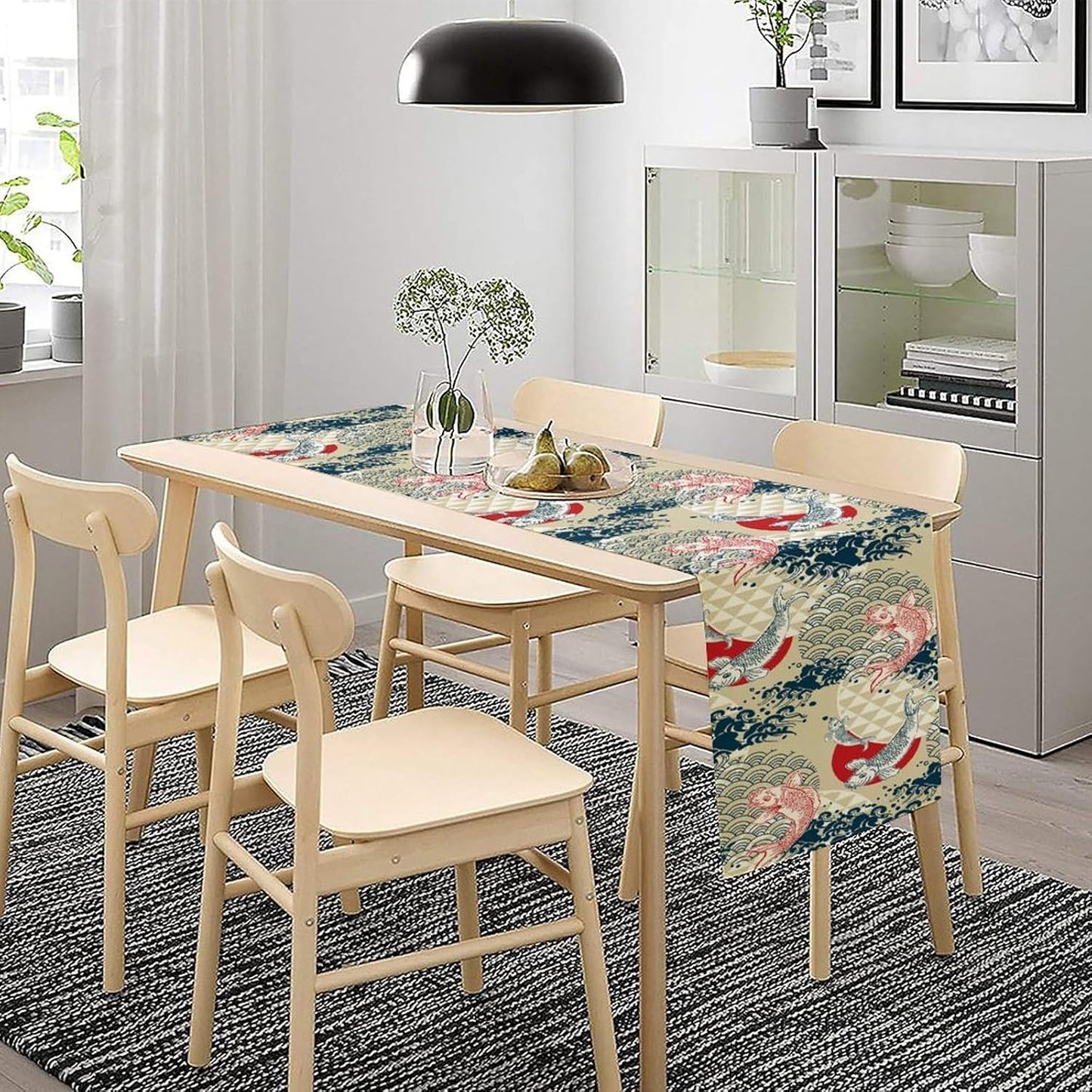 Japanese Table Runner Oriental Tradition Kio Fish Art Printed Burlap Runner Home Kitchen Dining Table Living Room Decor Fabric 1 Panel W13xL60in