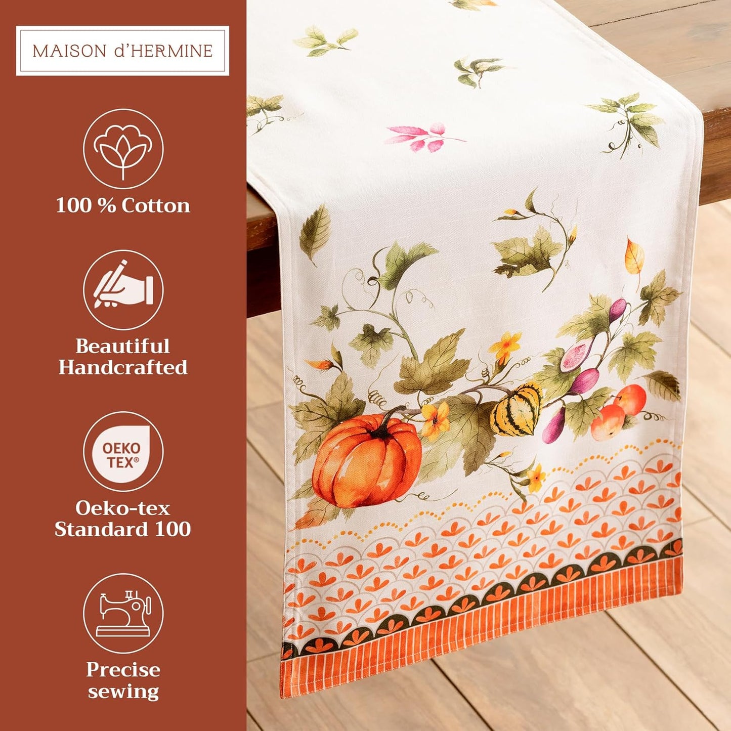 Maison d' Hermine Table Runner 100% Cotton Double Layer Table Runners 72 inches Long for Thanksgiving Christmas Decorations Home Kitchen Dining Wedding (Pumpkin Garden - Cloudy Cream, 14.5" x 72")