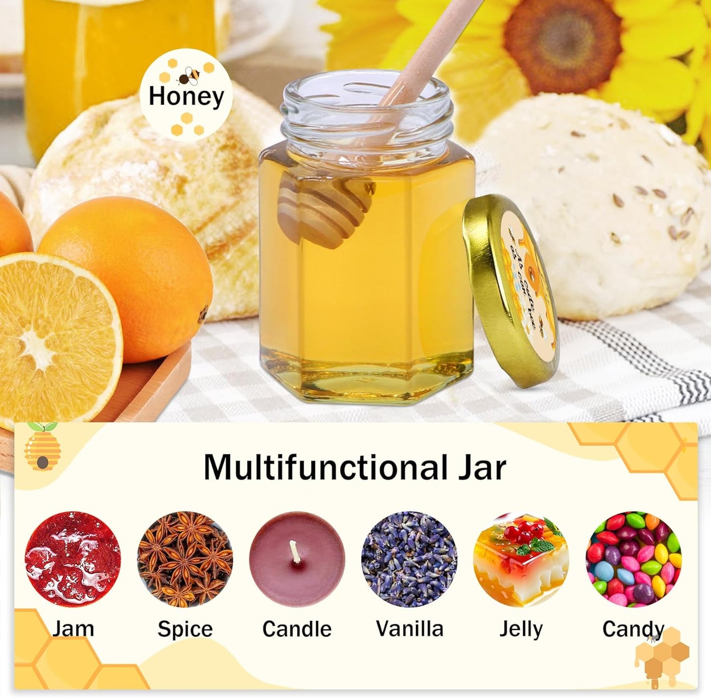 Aliggbent 35 Pack Small Honey Jars for Party Favors in Bulk, 4 oz Mini Hexagon Glass Honey Jars with Dippers, Lids, Cute Stickers, Bee Charms, Gift Bags & Jute for Baby Showers, Weddings, Birthdays