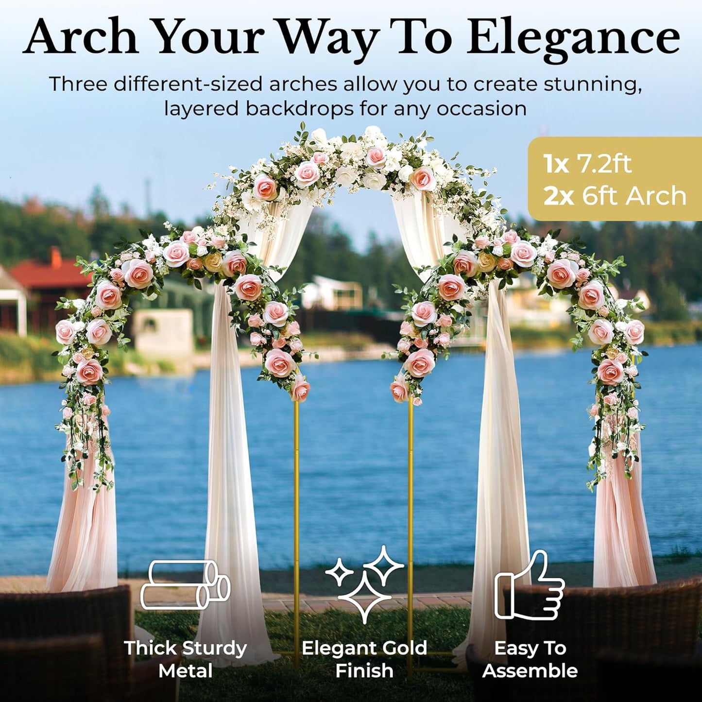 Metal Arch Backdrop Stand and Cover Set – 3 Gold Frames (7.2ft, 6ft x2) with White Wrinkle-Free Spandex Covers, Water Weights, Bags & Case – Wedding, Birthday, Baby Shower, Party Decor