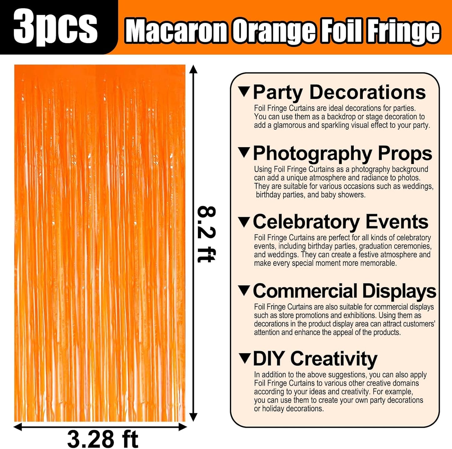 3 Pack Macaron Orange Foil Fringe Curtain Backdrop, 3.28Ft x 8.2Ft Metallic Tinsel Foil Fringe Streamer Curtains for Photo Booth, Christmas Day, Thanksgiving, Wedding, New Year Party Decorations