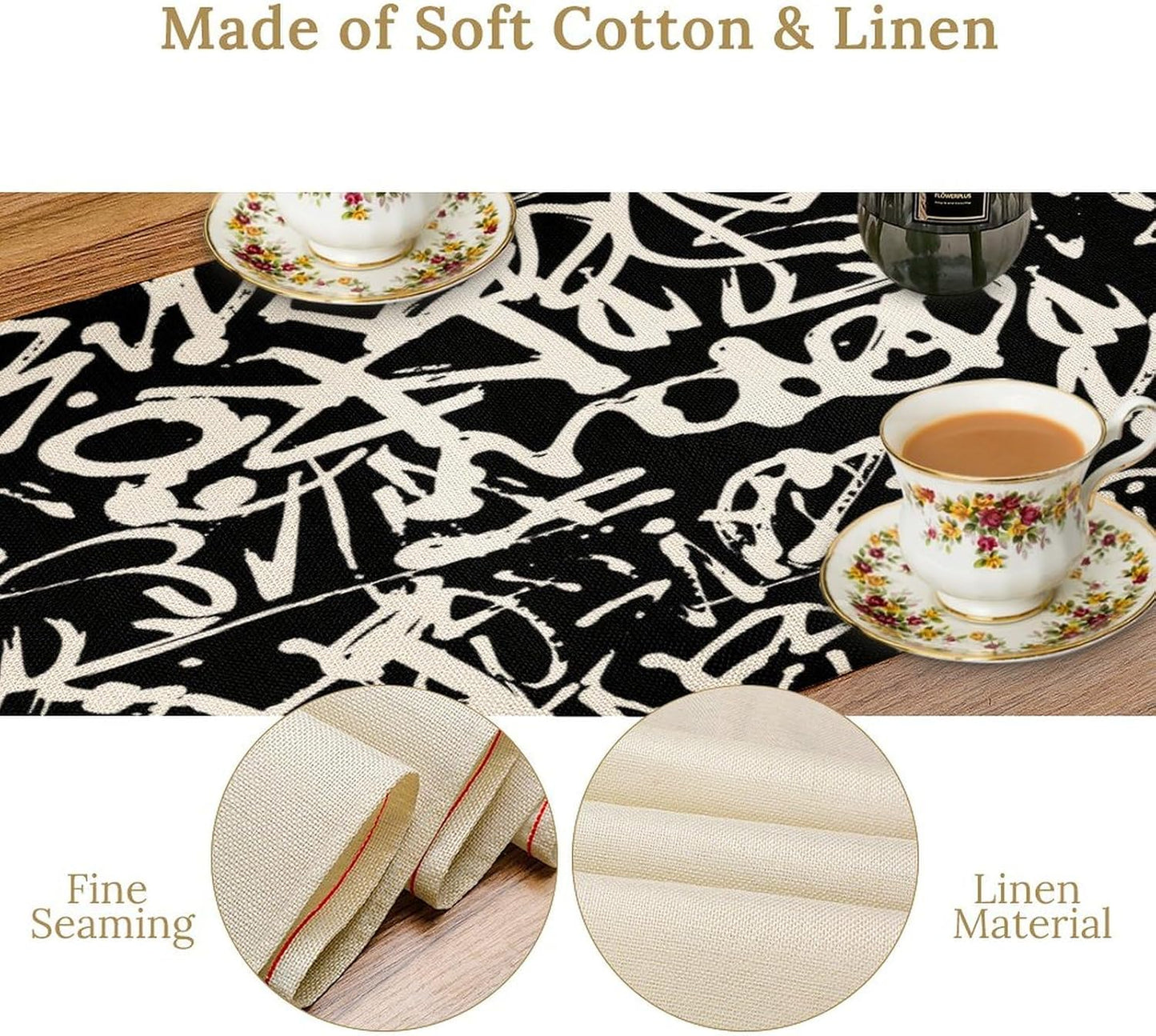 Graffiti Table Runner,Black White Abstract Messy Art Theme Pattern Print Tablecloth Burlap for Hotel Indoors Outdoor Dining Room Kitchen Home Decor,W13X L36 in