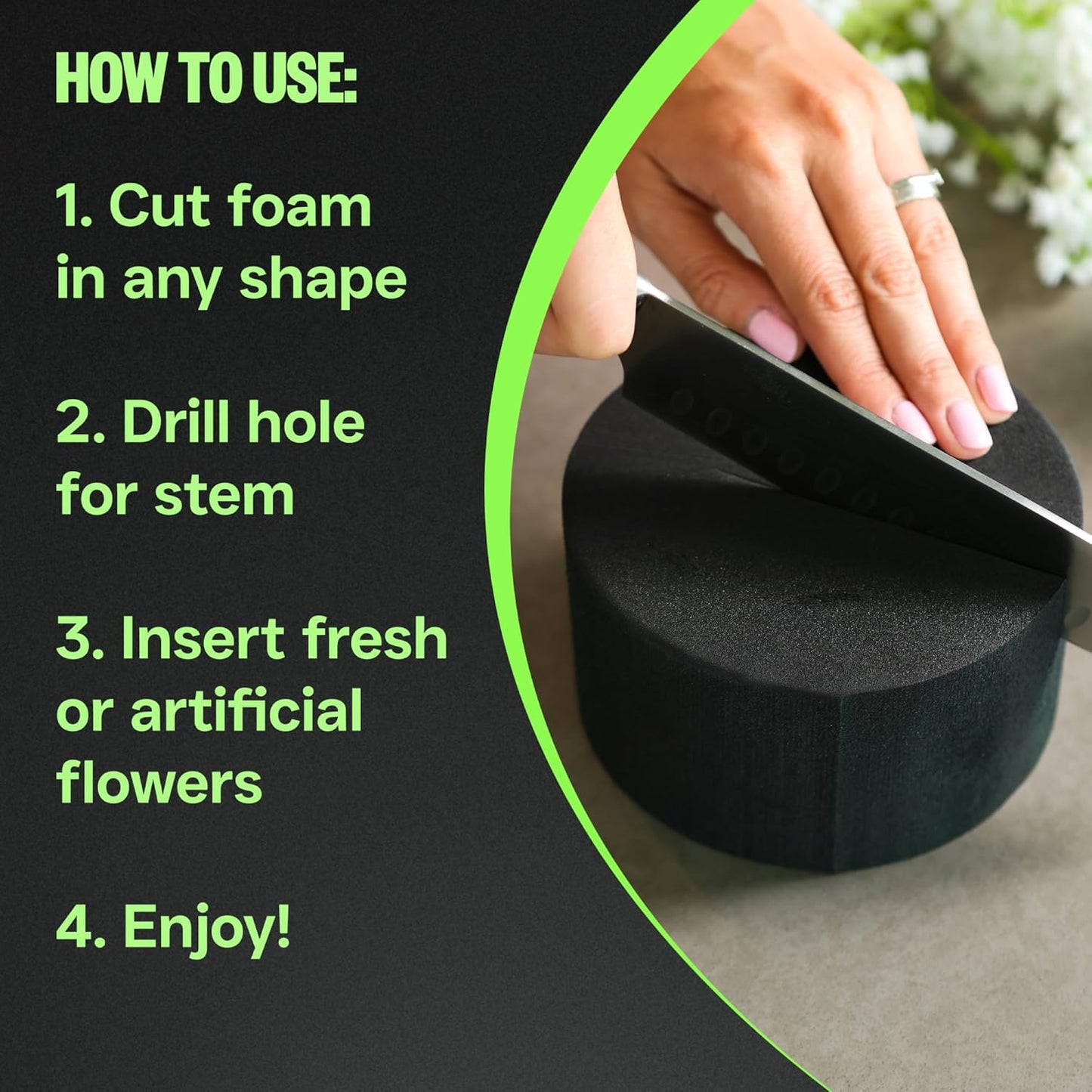 XCEL Floral Foam Blocks - Reusable, Weather Resistant Foam - Perfect for Fresh & Artificial Flower Arrangements, Crafts, Planter Boxes, Home Decor & More - 6-Pk, Black (5” x 3”, Round)