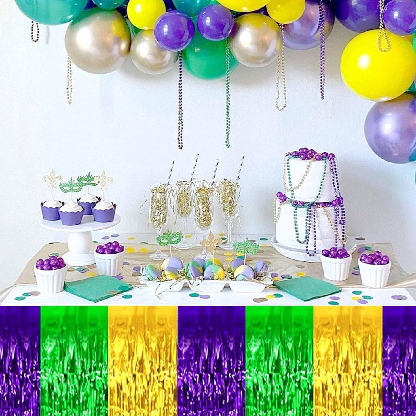 3 Pack Gold Green Purple Foil Fringe Table Skirts Metallic Tinsel Streamers Garland Banner Backdrop for Table Decor, Parade Float, Birthday, Wedding, Halloween, Christmas Party Decorations(29x108 In)