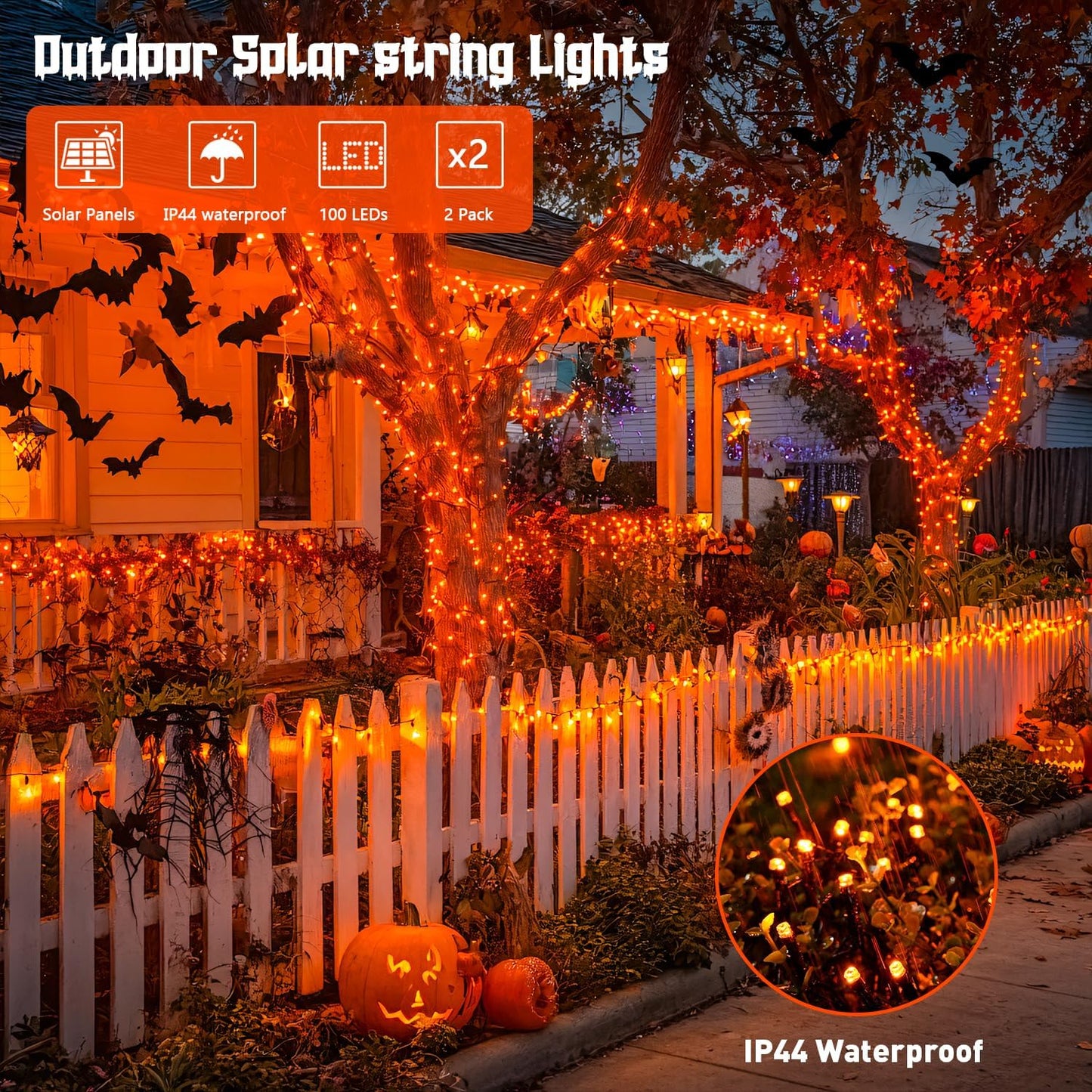 JMEXSUSS 2 Pack Orange Halloween Lights: 100 LED 33ft Solar Halloween Lights Outdoor Waterproof - 8 Modes Orange Solar Light for Christmas Outside Tree Gardens Fall Festival