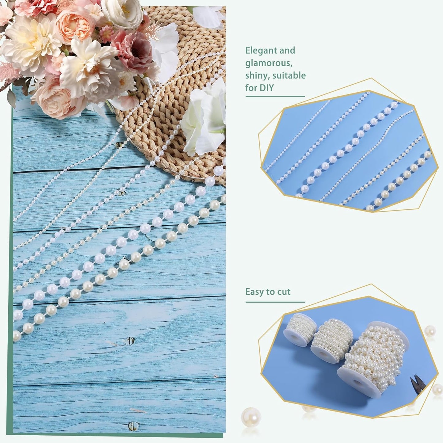 Pearls String Beads 33 Feet Crafts Faux Pearl Roll for Christmas Garland Flowers Wedding Party Jewelry Decoration(3mm White)