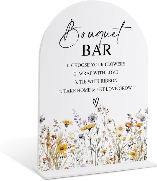 Wedding Signs for Ceremony and Reception, Boho Floral Acrylic Bouquet Bar Sign, Wedding Signage with Stand, Bridal Shower Table Centerpieces, Bouquet Bar Supplies for Engagement Reception Event, 24