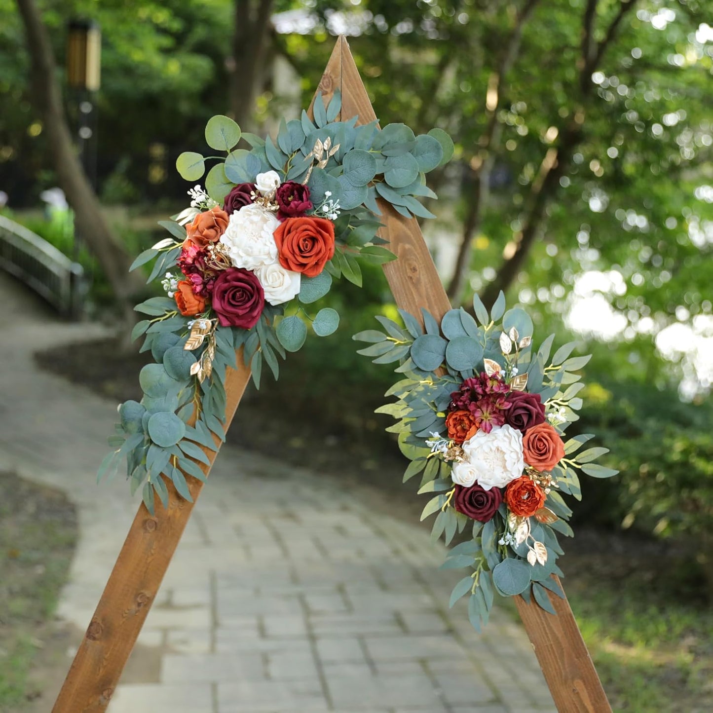 Artificial Burnt Orange Wedding Arch Flowers Swags (Set of 2) for Welcome Signs Floral and Wedding Church Decoration Ceremony, Anniversary, etc, Burgundy Roses Flowers
