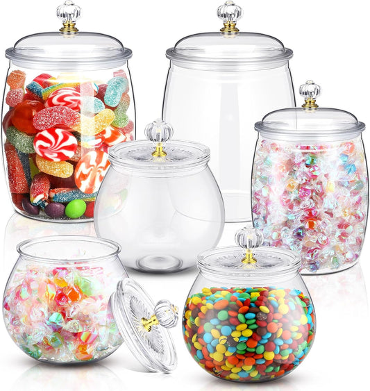 Nuogo 6 Pcs Plastic Candy and Cookie Jar with Lids Decorative Apothecary Jars Candy Buffet Containers Clear Airtight Food Storage Canister Home Decoration(30/42/64 oz,Classic, Stylish)