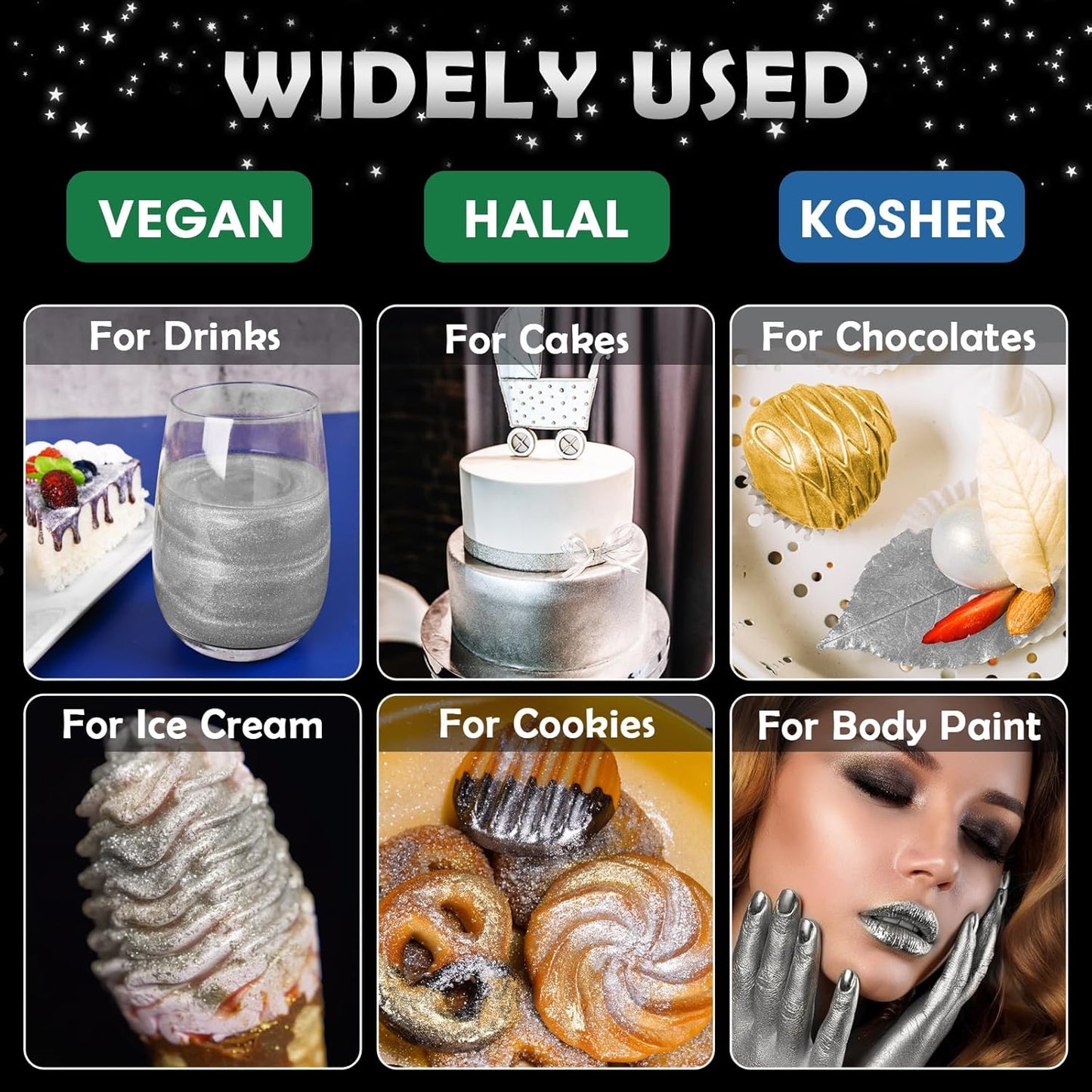 NiHome Edible Food-Grade Glimmer Powder Glitter Luster Dust Food Decorating Sprinkle Dust for Drink Wine Beverage Cake Candy Dessert Home Bakery Restaurant Vegan Allergen-Free (0.18oz/5g, Metallic)