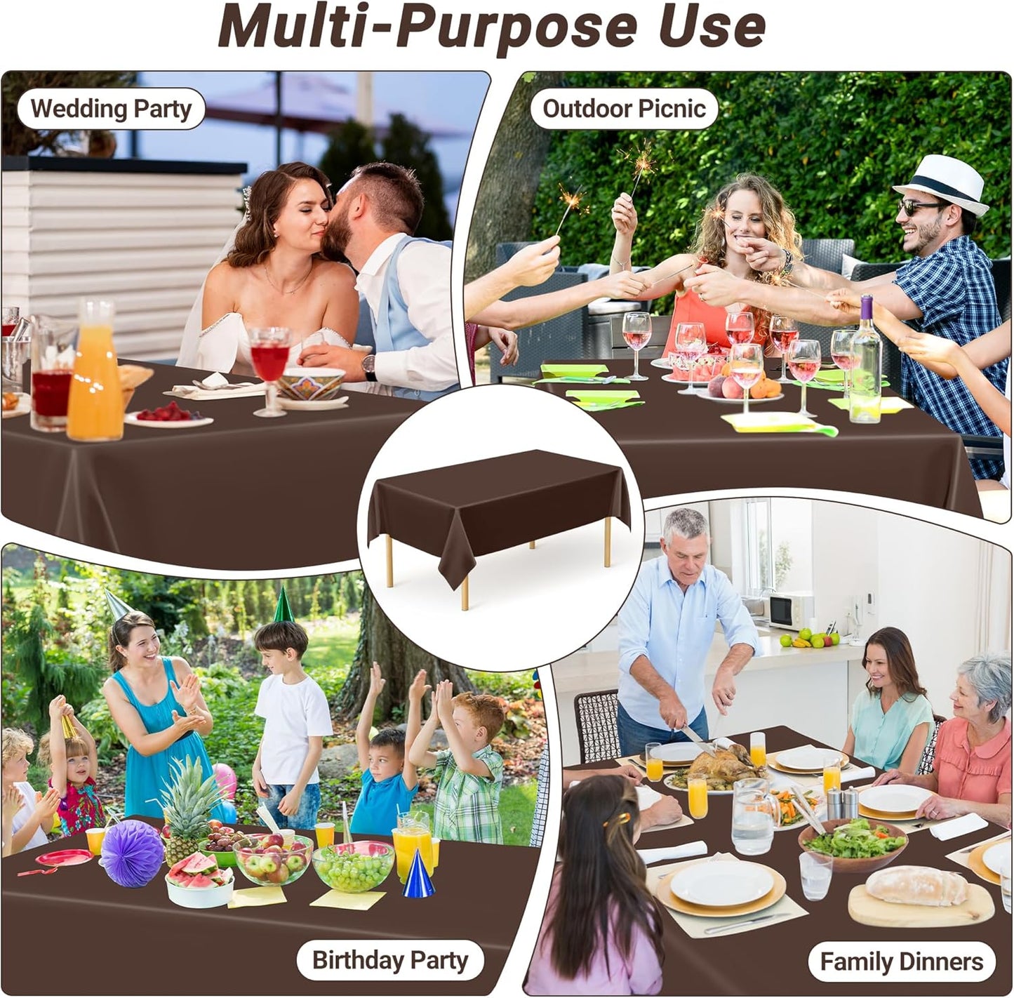 QZYL 4 PCS Plastic Table Cover, 54x108 Inches Waterproof Table Cover, Multiple Colors Brown Rectangle Tablecloth, Disposable Table Cloth for Camping, Anniversary, Picnic and Party Decorations