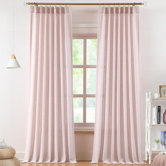 Vision Home Soft Pink Pinch Pleated Semi Sheer Curtains Textured Linen Blended Light Filtering Window Curtains 95 inch for Living Room Bedroom Pinch Pleat Drapes with Hooks 2 Panels 40" Wx95 L