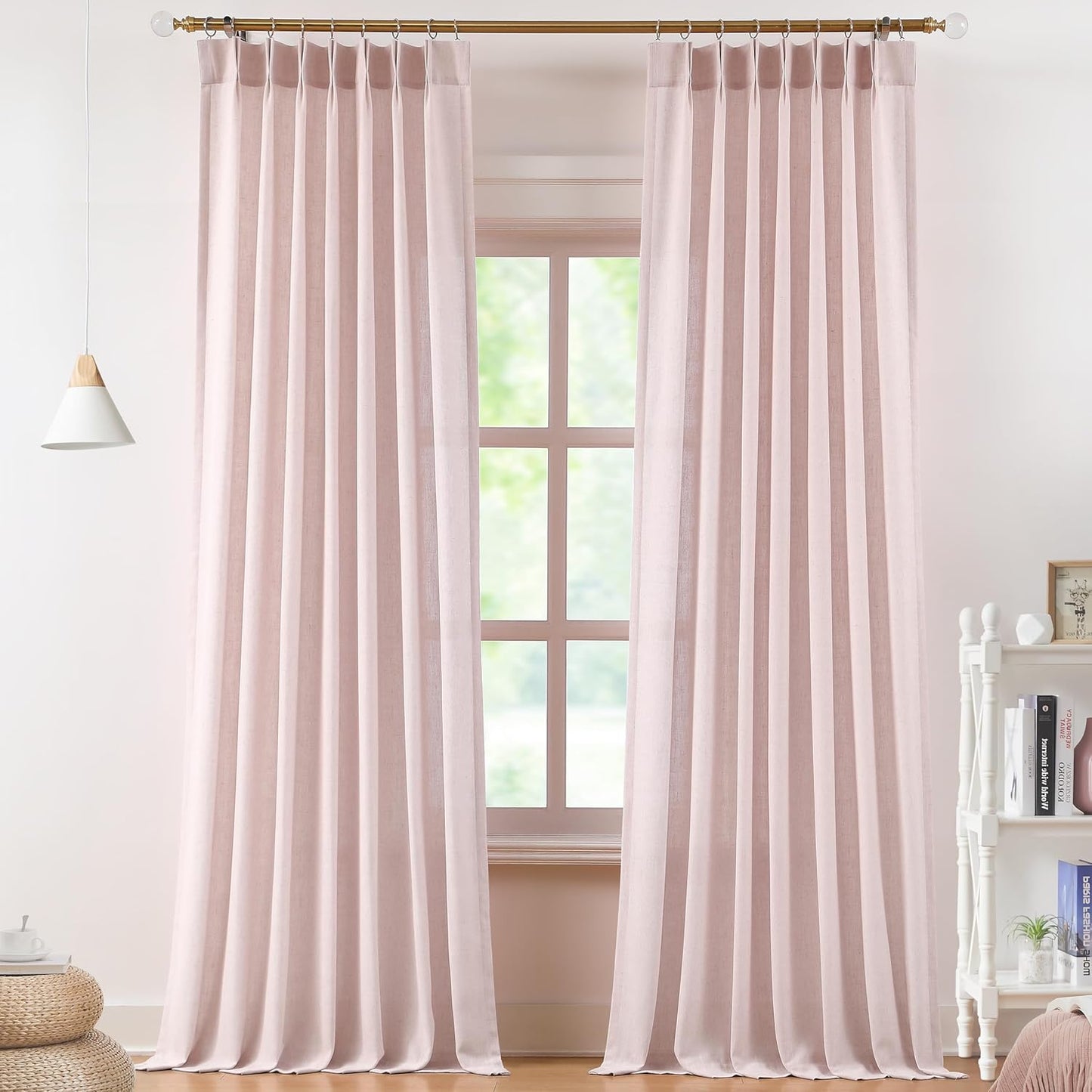 Vision Home Soft Pink Pinch Pleated Semi Sheer Curtains Textured Linen Blended Light Filtering Window Curtains 102 inch for Living Room Bedroom Pinch Pleat Drapes with Hooks 2 Panels 40" Wx102 L