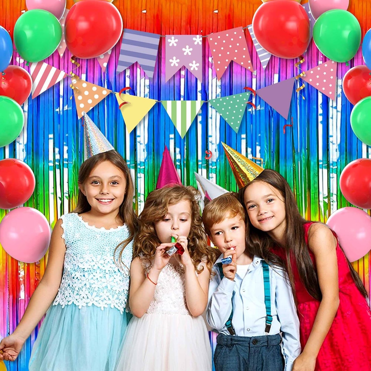 3 Pack Dark Rainbow Foil Fringe Curtains Backdrop, 3.28 x 9.8 Ft Metallic Streamers Tinsel Curtains Background for Photo Booth, Birthday, Halloween, Christmas, New Year Party Decorataions