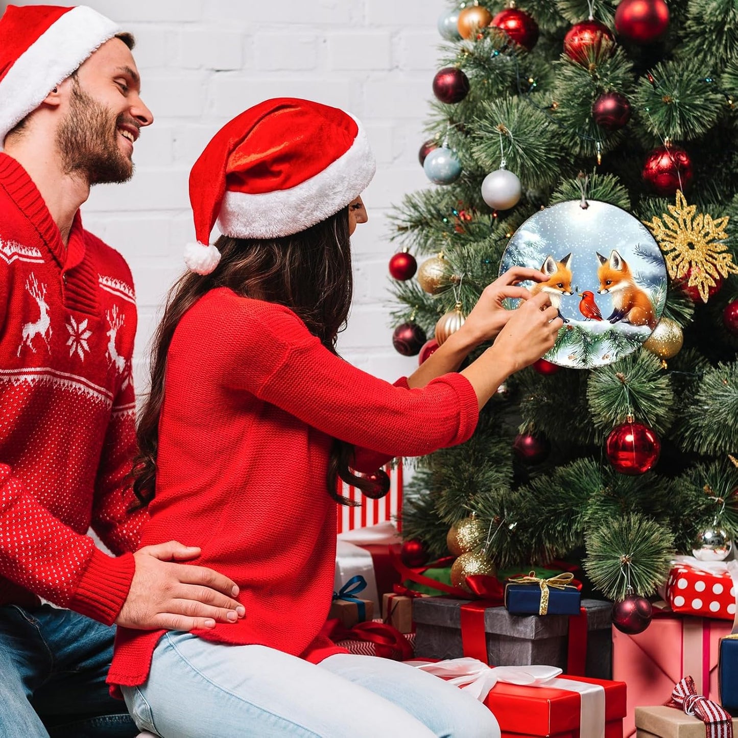 Christmas Round Fox Metal Tin Sign - Red Bird Winter Vintage Sign for Home & Outdoor Decorations - 8 * 8 in