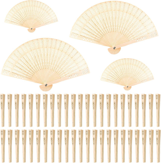 FEPITO 50 Pieces Wooden Handheld Paper Fan Wooden Folding Fans with Bamboos for Wedding Gift, Party, Home