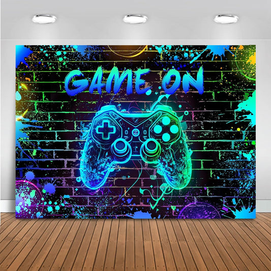 Mocsicka Game On Backdrop Video Game for Boys Level Up Birthday Party Decoration Game Night Arcade Neon Glow Gamer Banner Photography Background (Blue, 10x8ft(120"x96"))