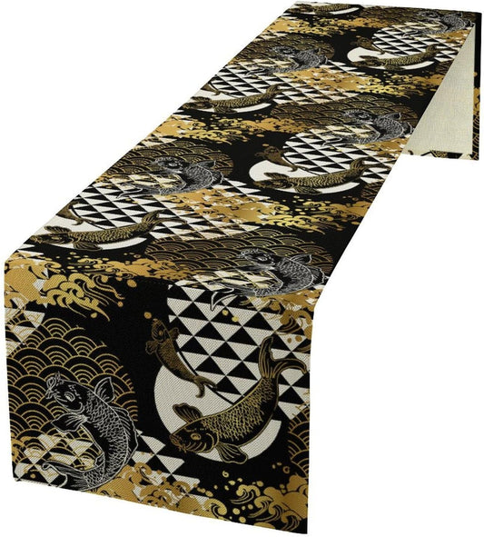 Japanese Table Runner Oriental Tradition Kio Fish Gold Art Printed Burlap Runner Home Kitchen Dining Table Living Room Decor Fabric 1 Panel W13xL70in