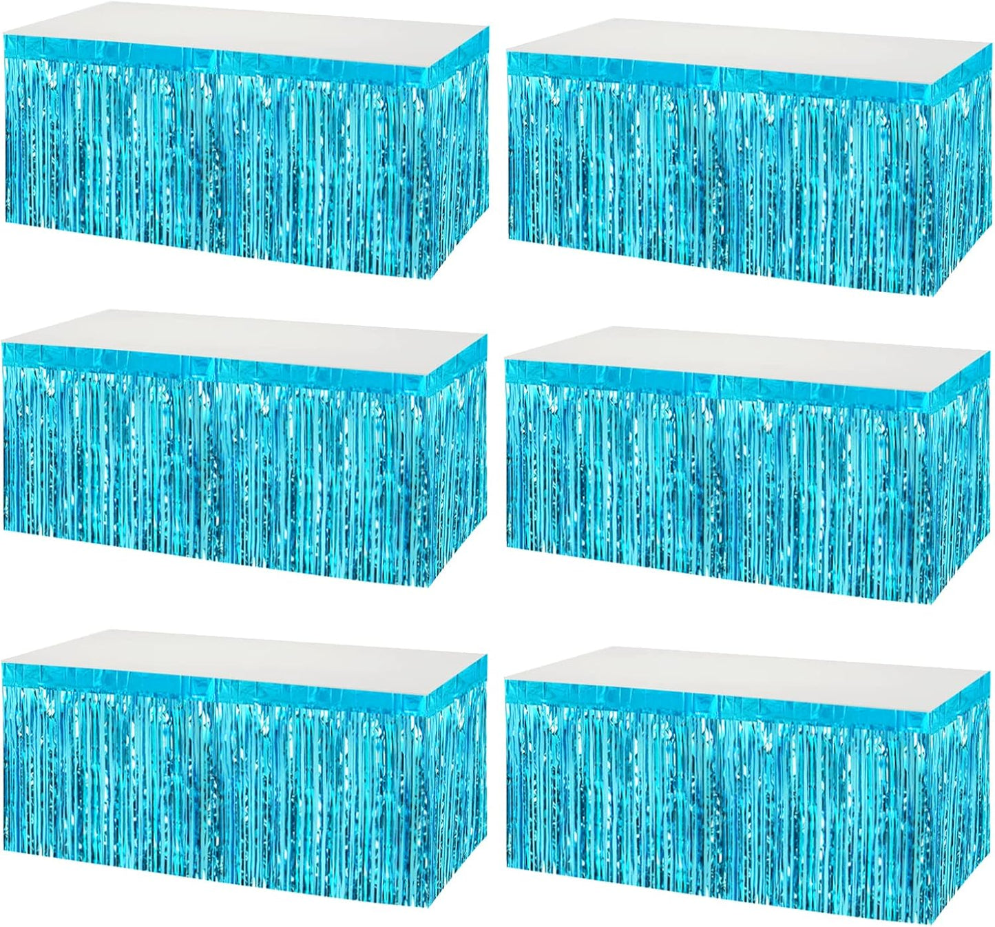 6 Pack 29x108 Inch Metallic Foil Fringe Tinsel Table Skirts Banner for Rectangle Tables Streamer Garland Curtains Backdrop for Wedding, Birthday, Parade Floats, Christmas Party Decoration(Lake Blue)