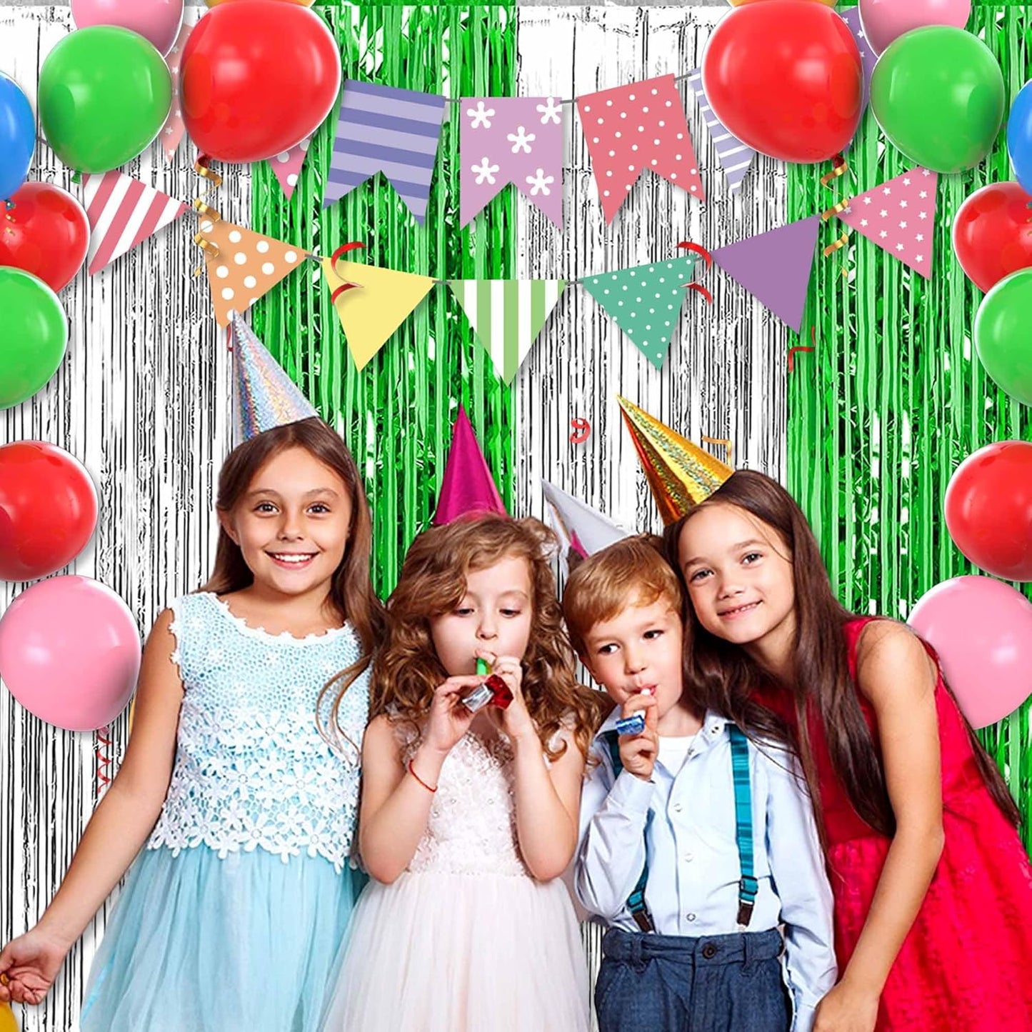 3 Pack Silver Green Foil Fringe Curtains Backdrop, 3.28 x 9.8 Ft Metallic Streamers Tinsel Curtains Background for Photo Booth, Birthday, Halloween, Christmas, Thanksgiving, New Year Party Decorations