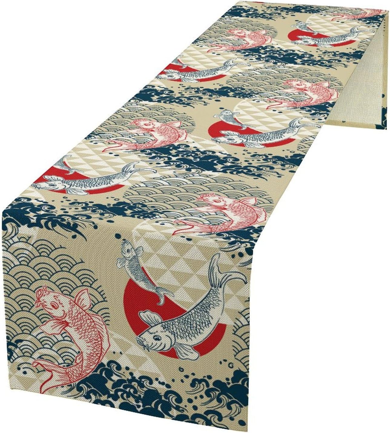 Japanese Table Runner Oriental Tradition Kio Fish Art Printed Burlap Runner Home Kitchen Dining Table Living Room Decor Fabric 1 Panel W13xL70in