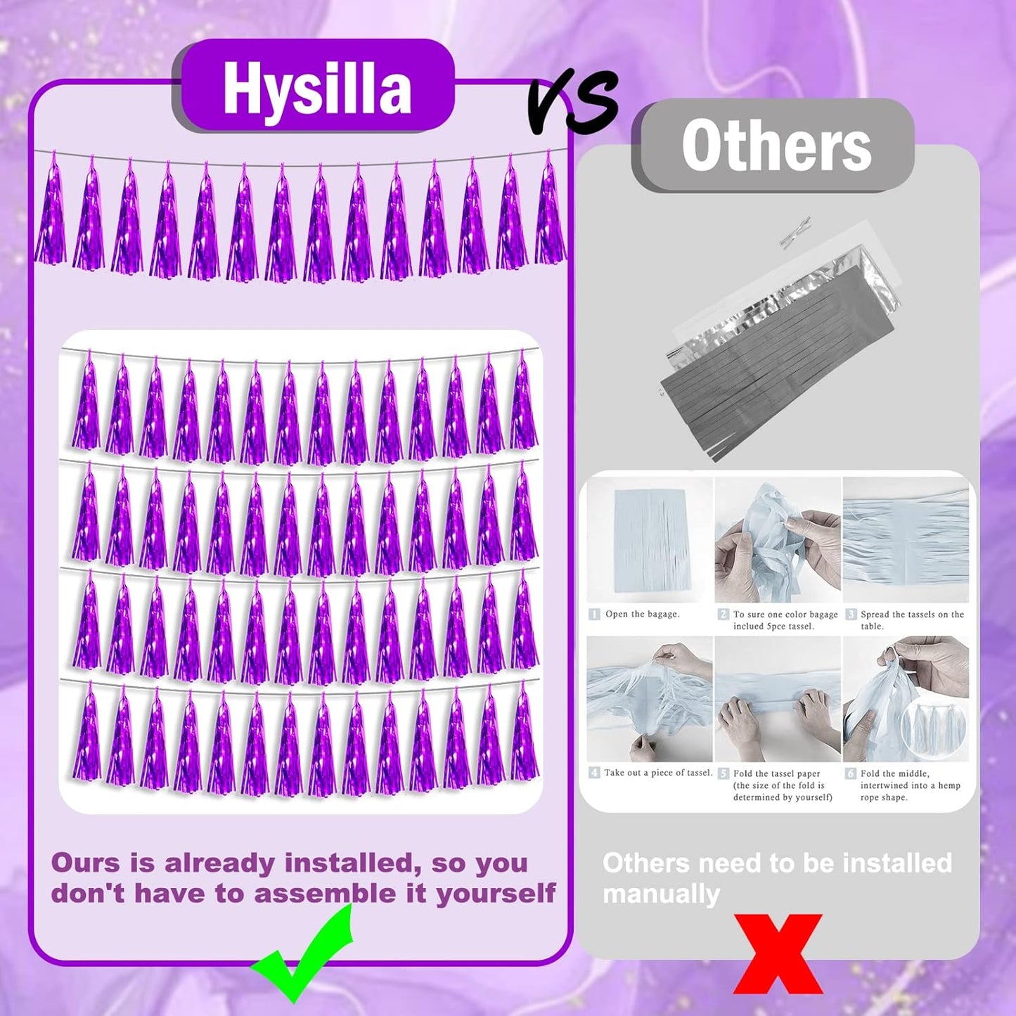 8P Purple Foil Fringe Metallic Tassel Streamers Banner Tassel Garland for Parade Floats, Bachelorette, Wedding, Birthday, Halloween, Christmas, Bridal/Baby Shower Party Decorations