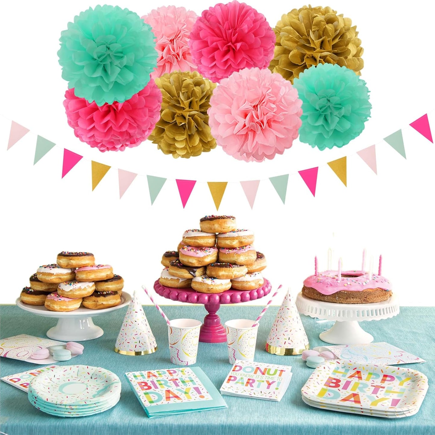 Mint Blush Hot-Pink Gold Party-Decorations - 30pcs Tissue Pom Poms Streamers, Girls Birthday Tassel Garland Banner,Wedding Engagement Baby Bridal Shower Bachelorette Brunch Decor Ouruola